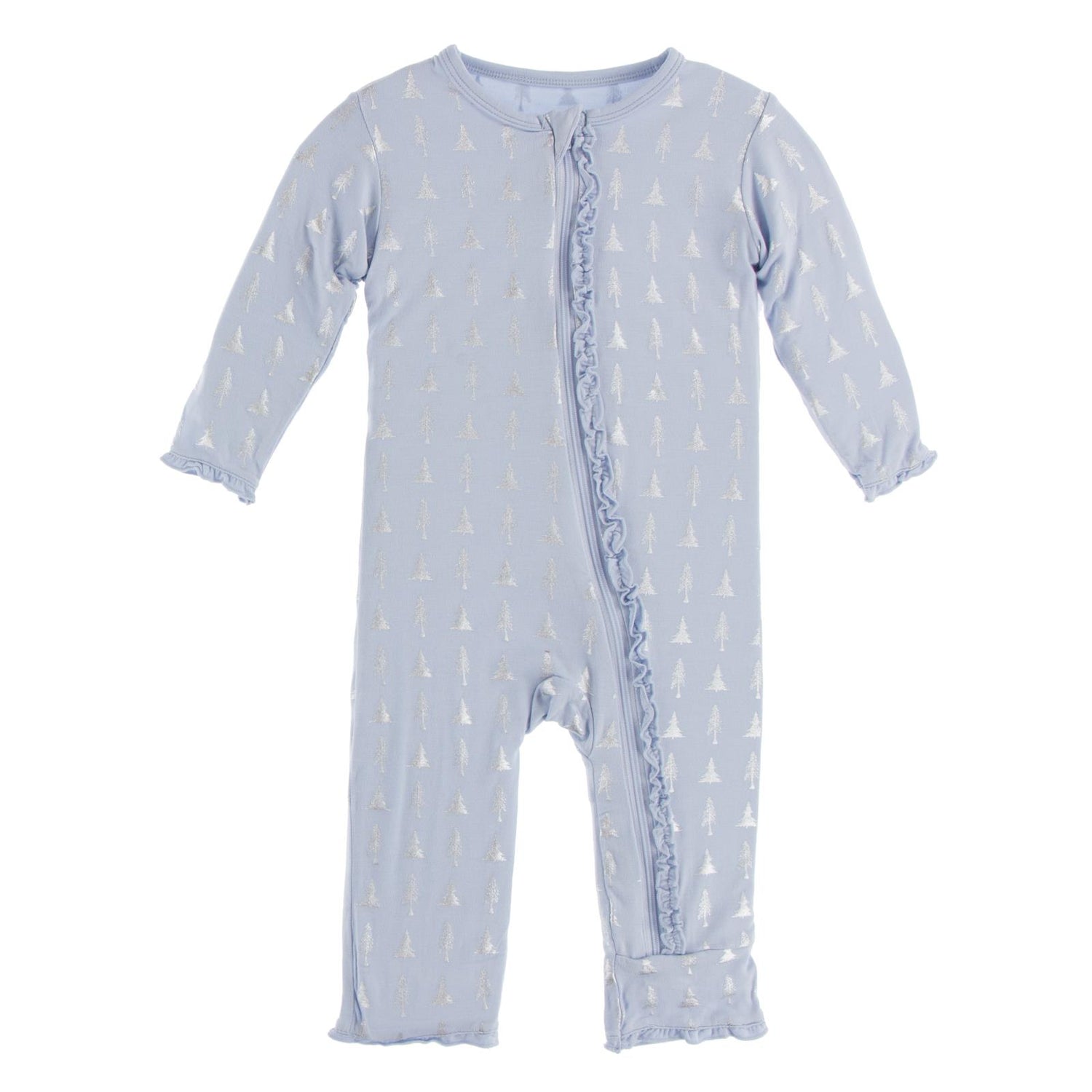 Print Muffin Ruffle Coverall with Zipper in Frost Silver Trees