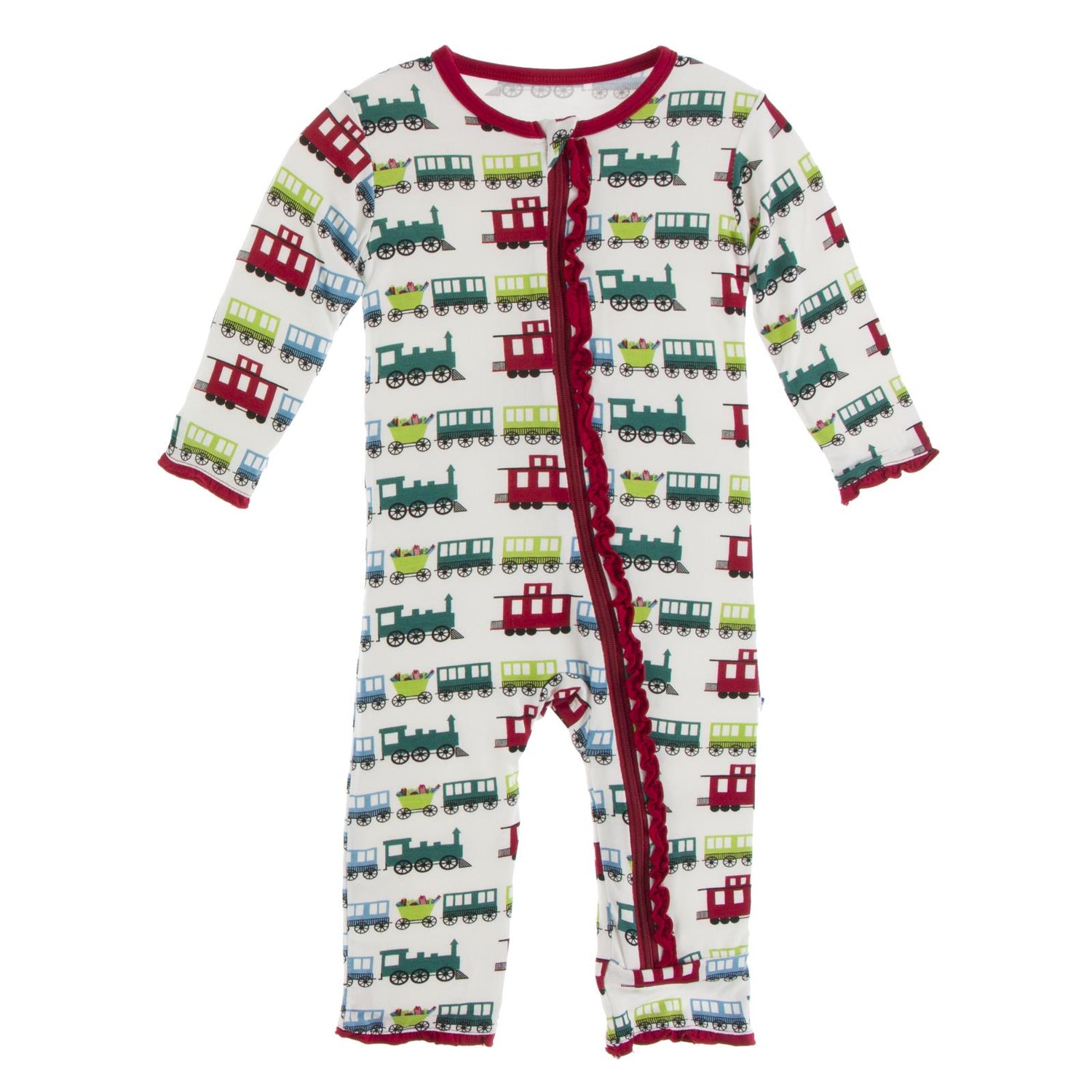 Print Muffin Ruffle Coverall with Zipper in Natural Toy Train