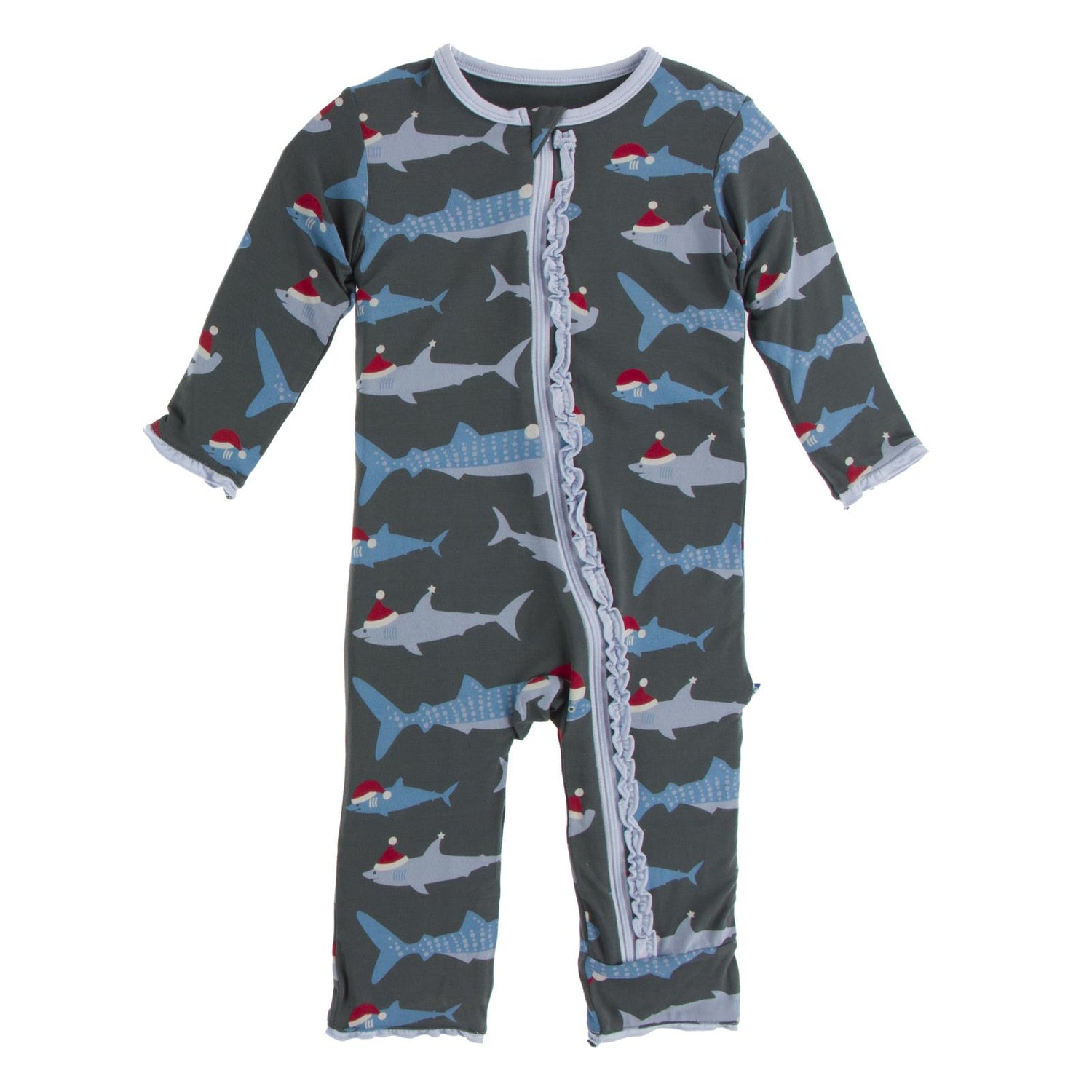 Print Muffin Ruffle Coverall with Zipper in Pewter Santa Sharks