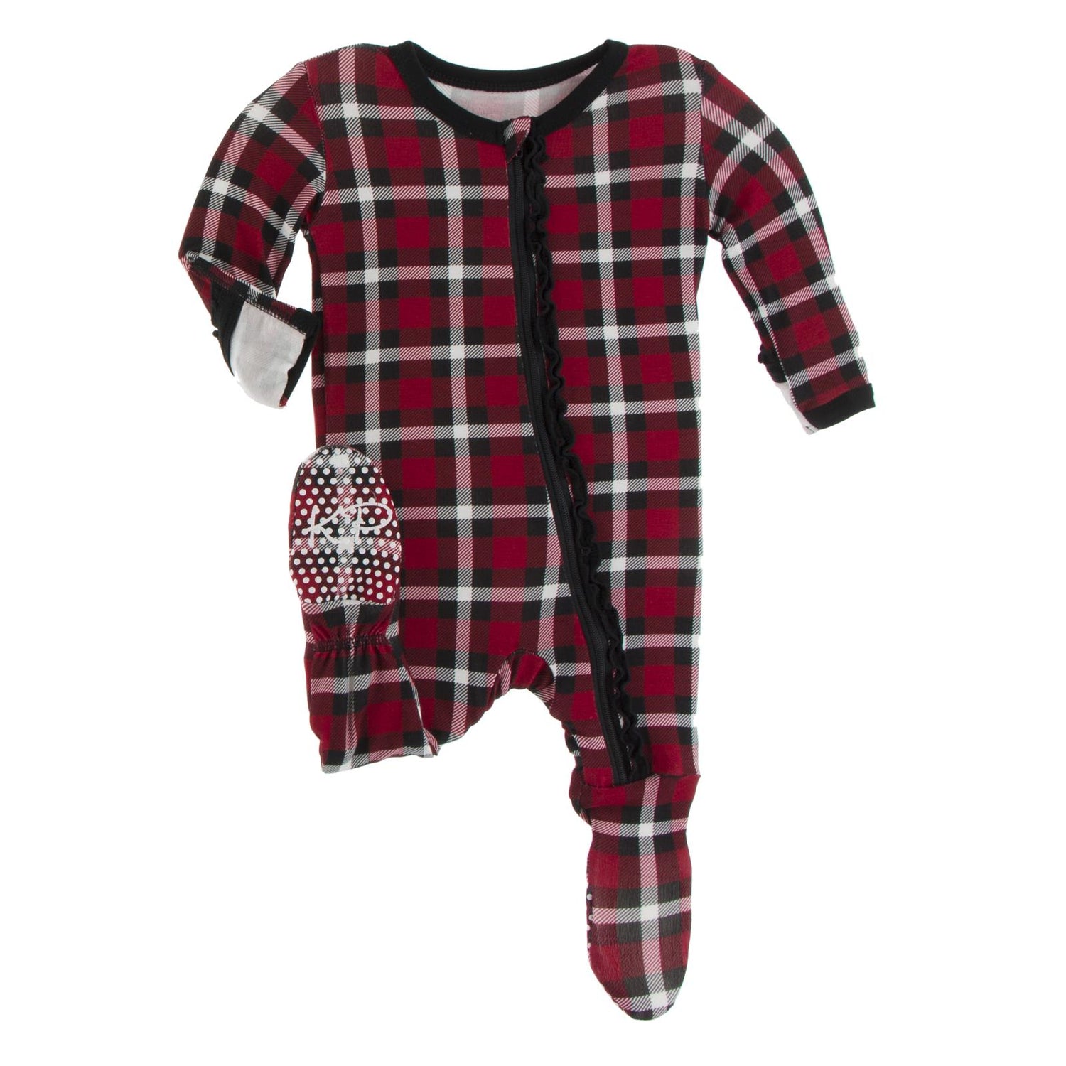 Print Muffin Ruffle Footie with Zipper in Crimson Holiday Plaid