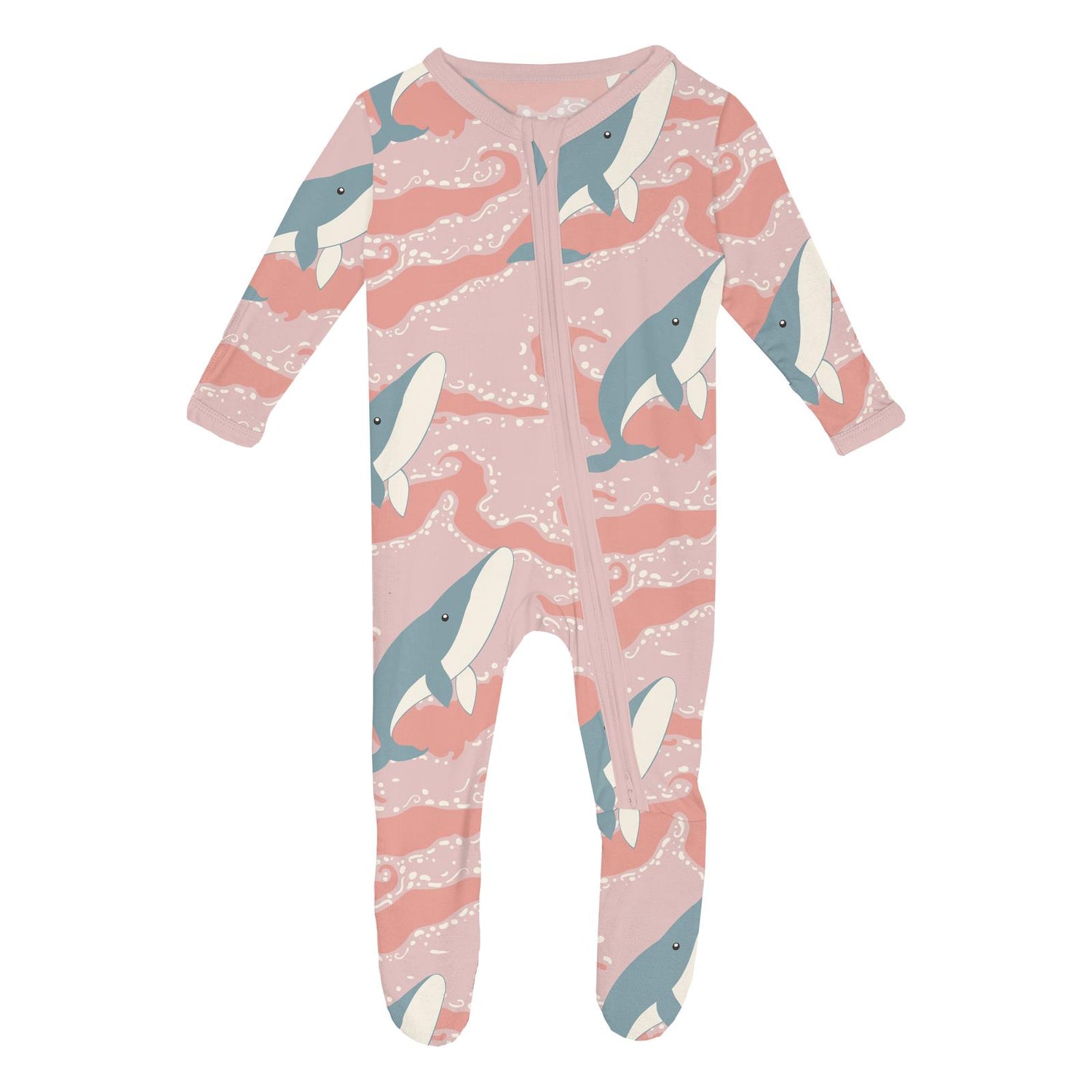 Print Footie with 2 Way Zipper in Baby Rose Splashing Whales