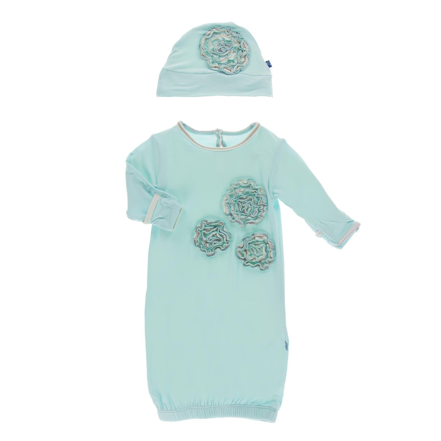 Dahlia Flower Layette Gown & Flower Hat Set in Summer Sky with Cupcake Stripe