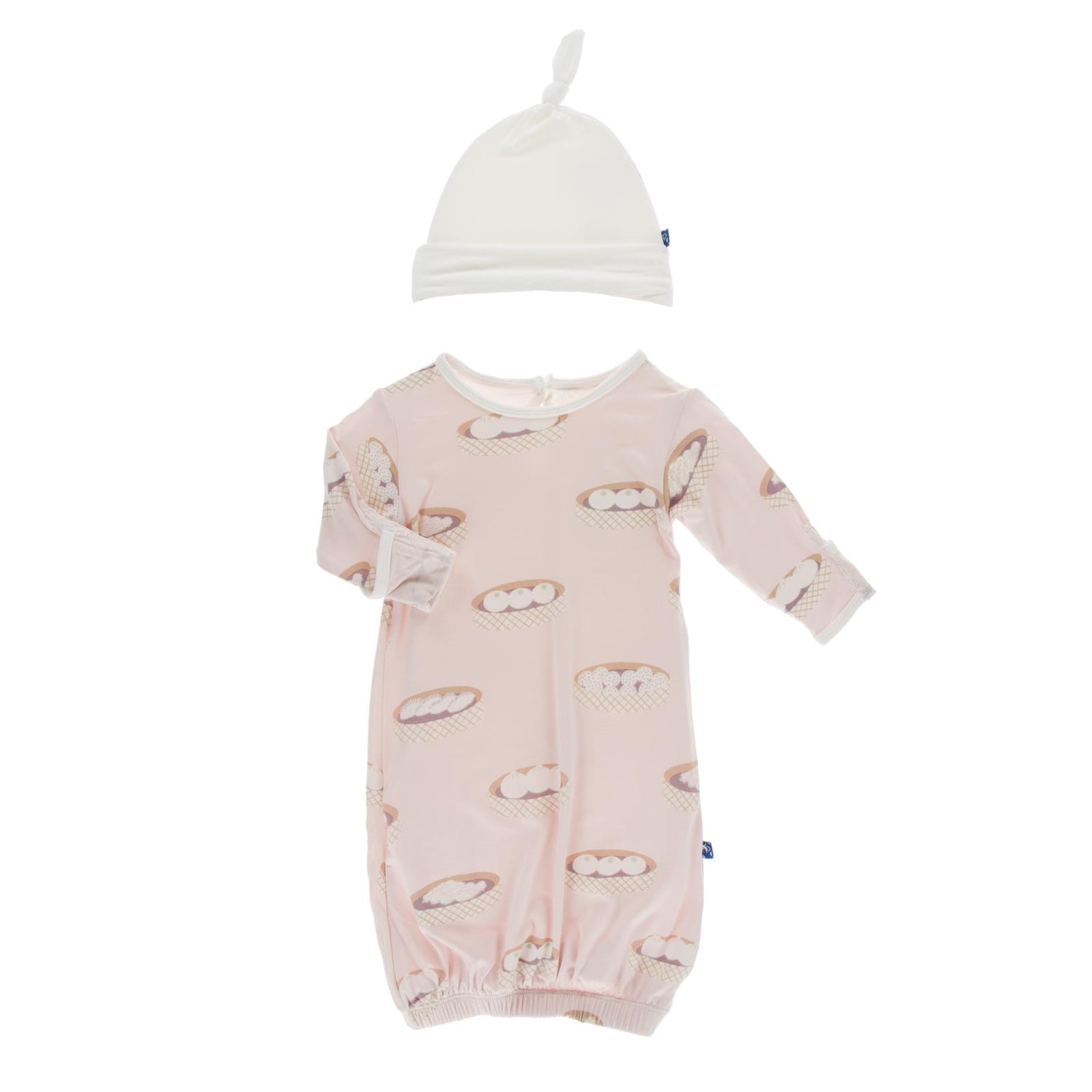 Print Layette Gown & Single Knot Hat Set in Macaroon Dim Sum