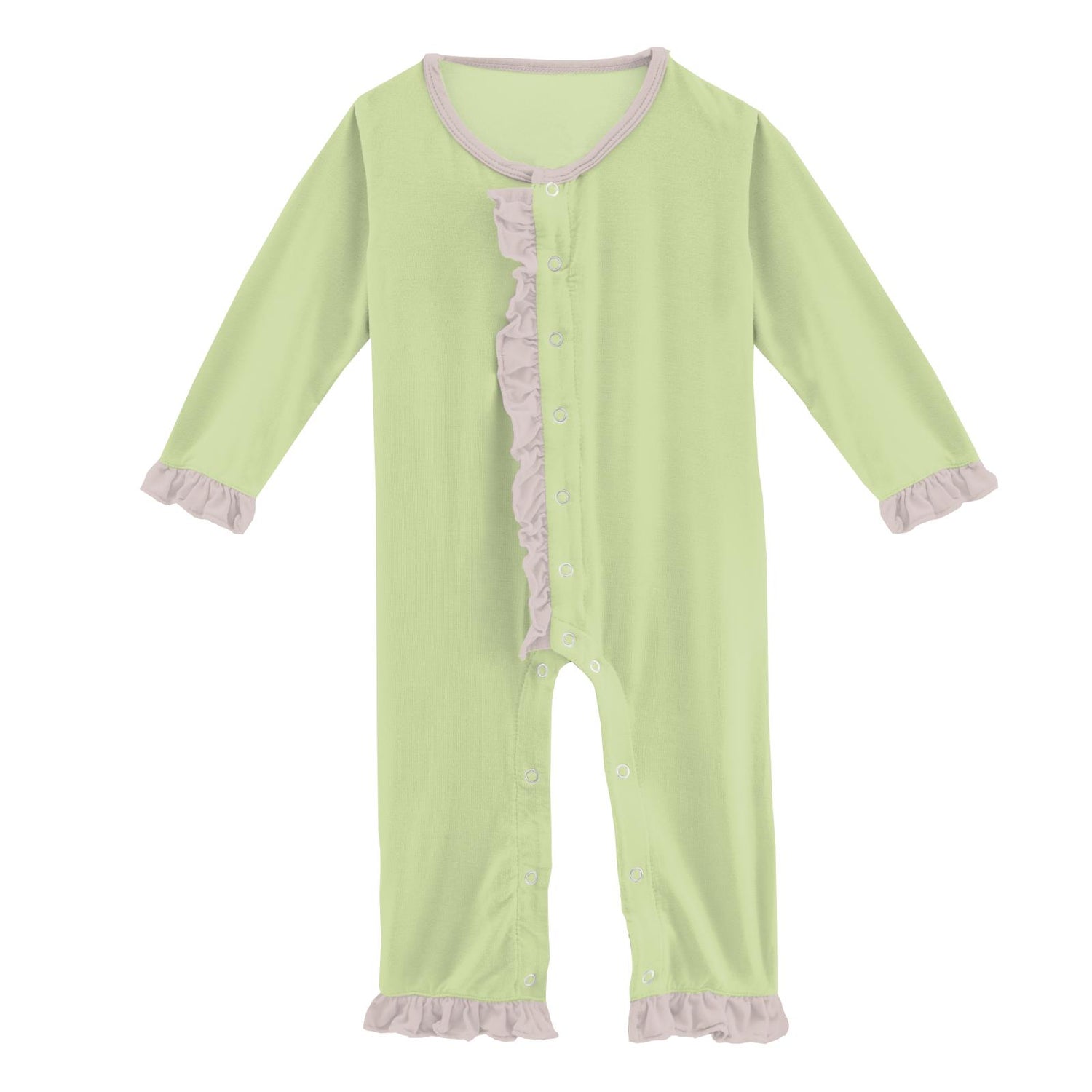 Long Sleeve Dahlia Flower Romper in Field Green with Baby Rose