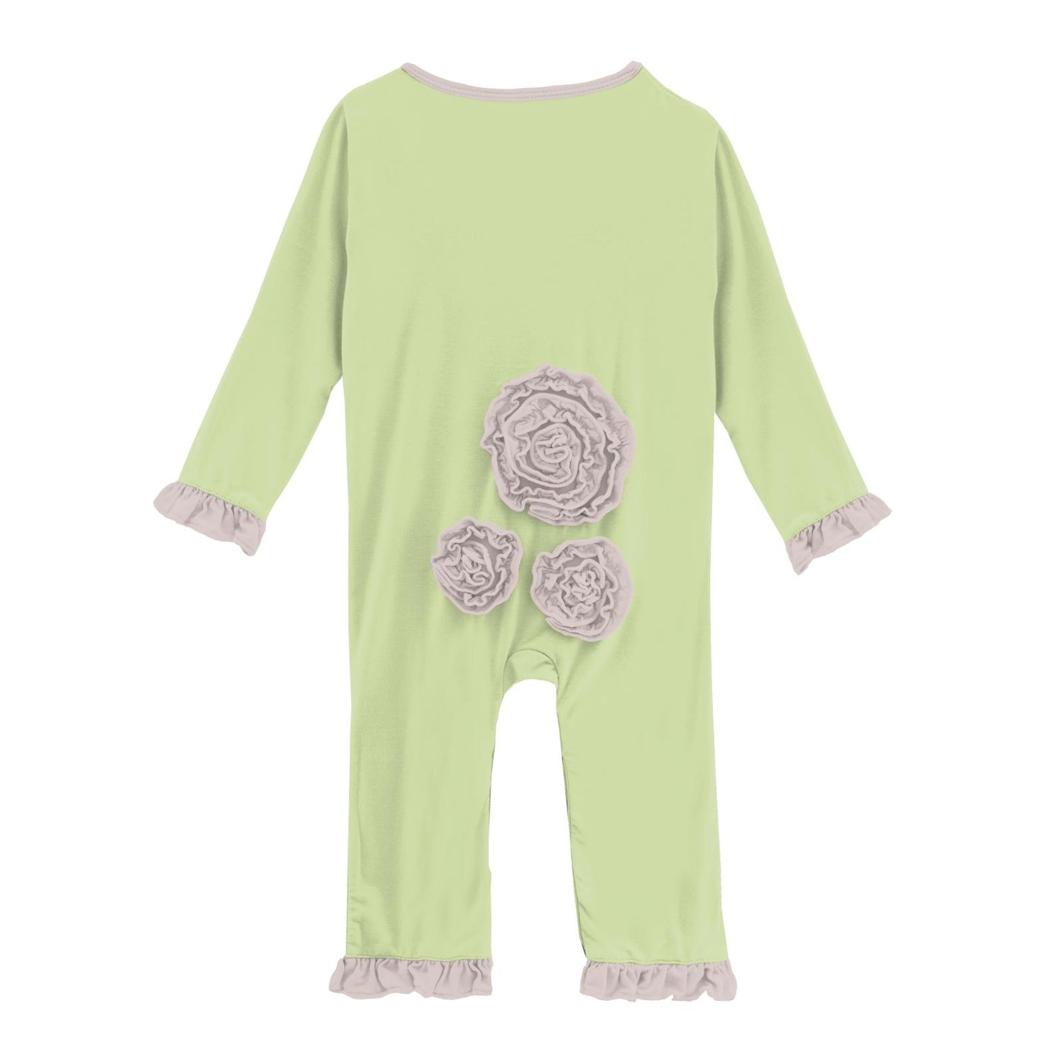 Long Sleeve Dahlia Flower Romper in Field Green with Baby Rose