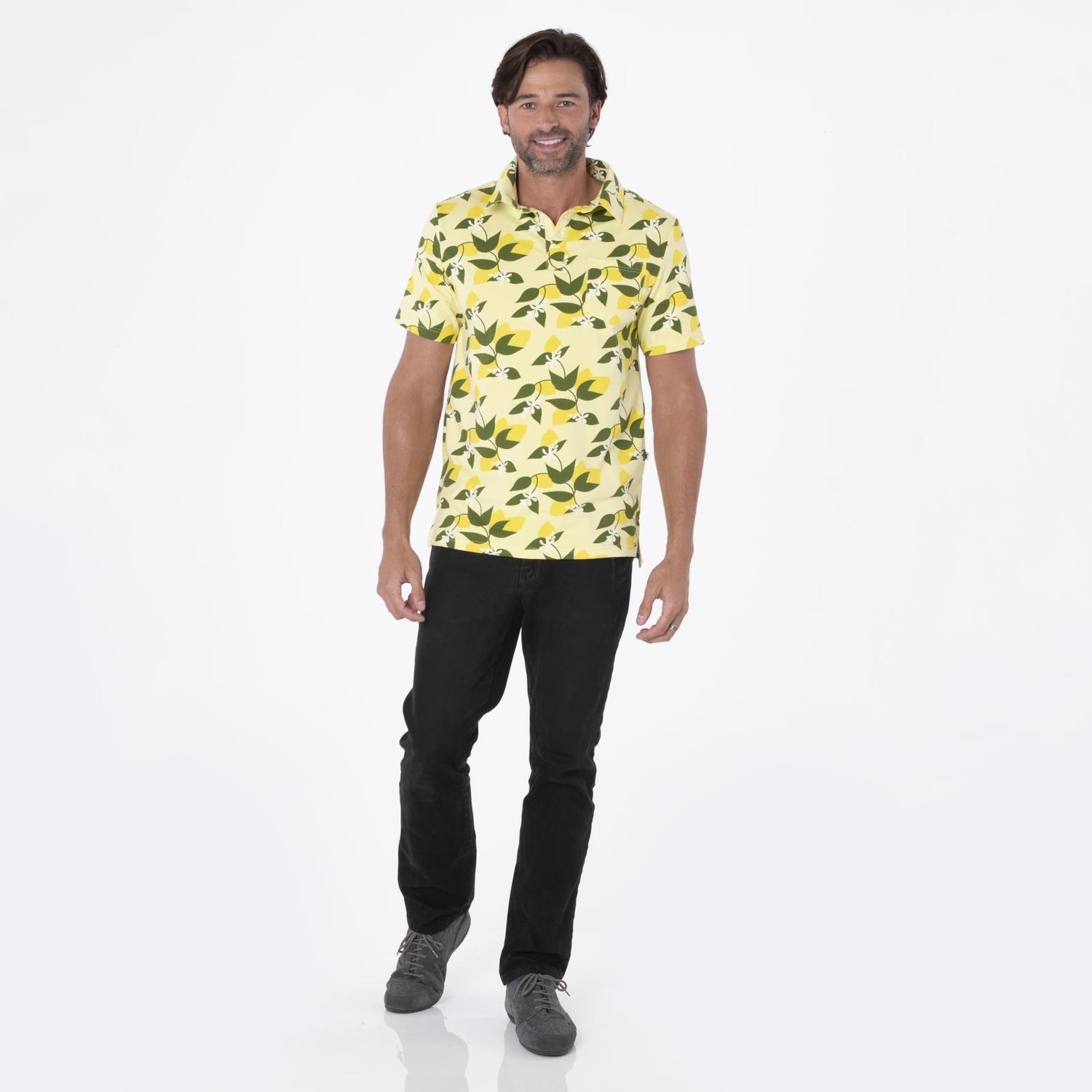 Men's Print Short Sleeve Luxe Jersey Polo with Pocket in Lime Blossom Lemon Tree