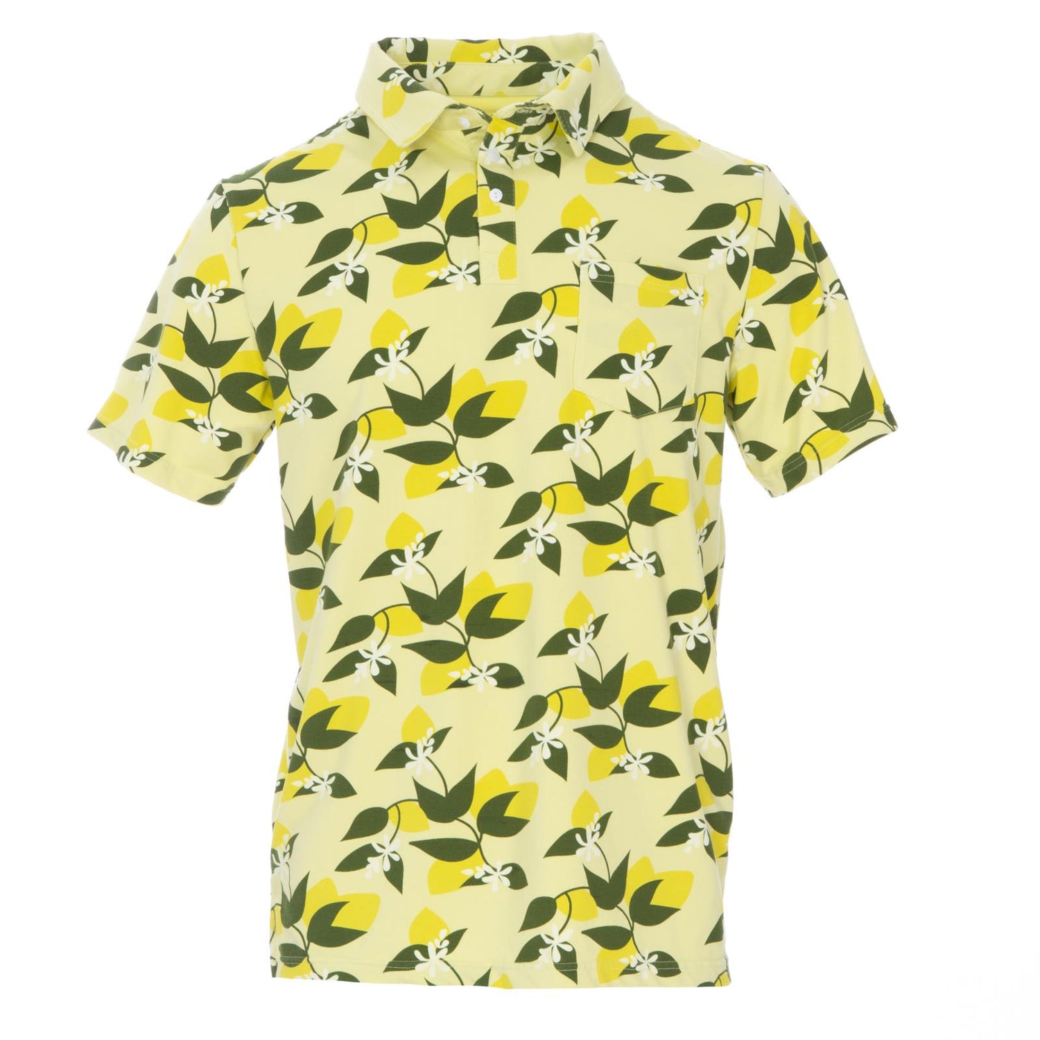 Men's Print Short Sleeve Luxe Jersey Polo with Pocket in Lime Blossom Lemon Tree