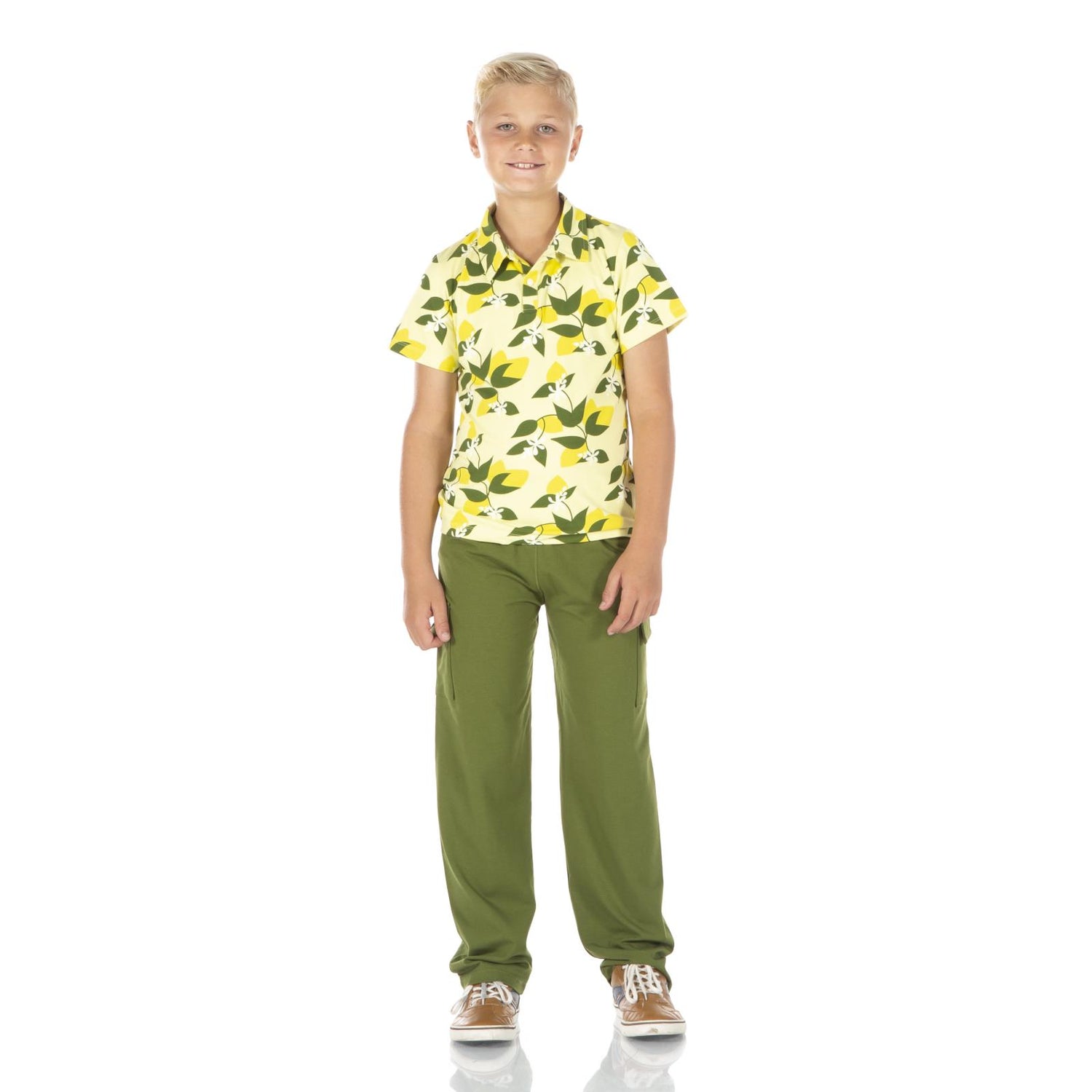 Print Short Sleeve Luxe Jersey Polo in Lime Blossom Lemon Tree