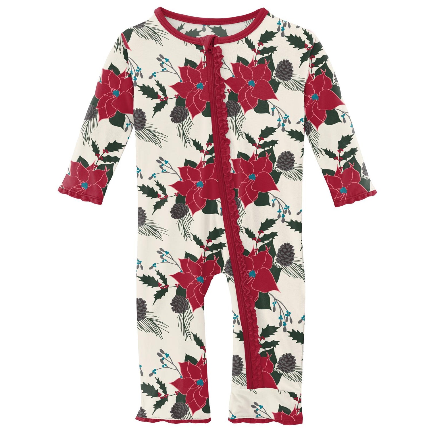 Print Muffin Ruffle Coverall with Zipper in Christmas Floral