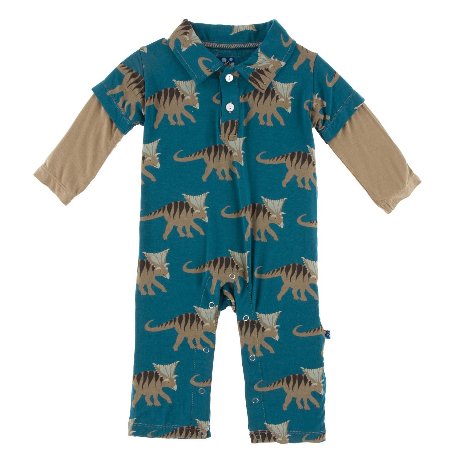 Print Long Sleeve Double Layer Polo Romper in Heritage Blue Kosmoceratops