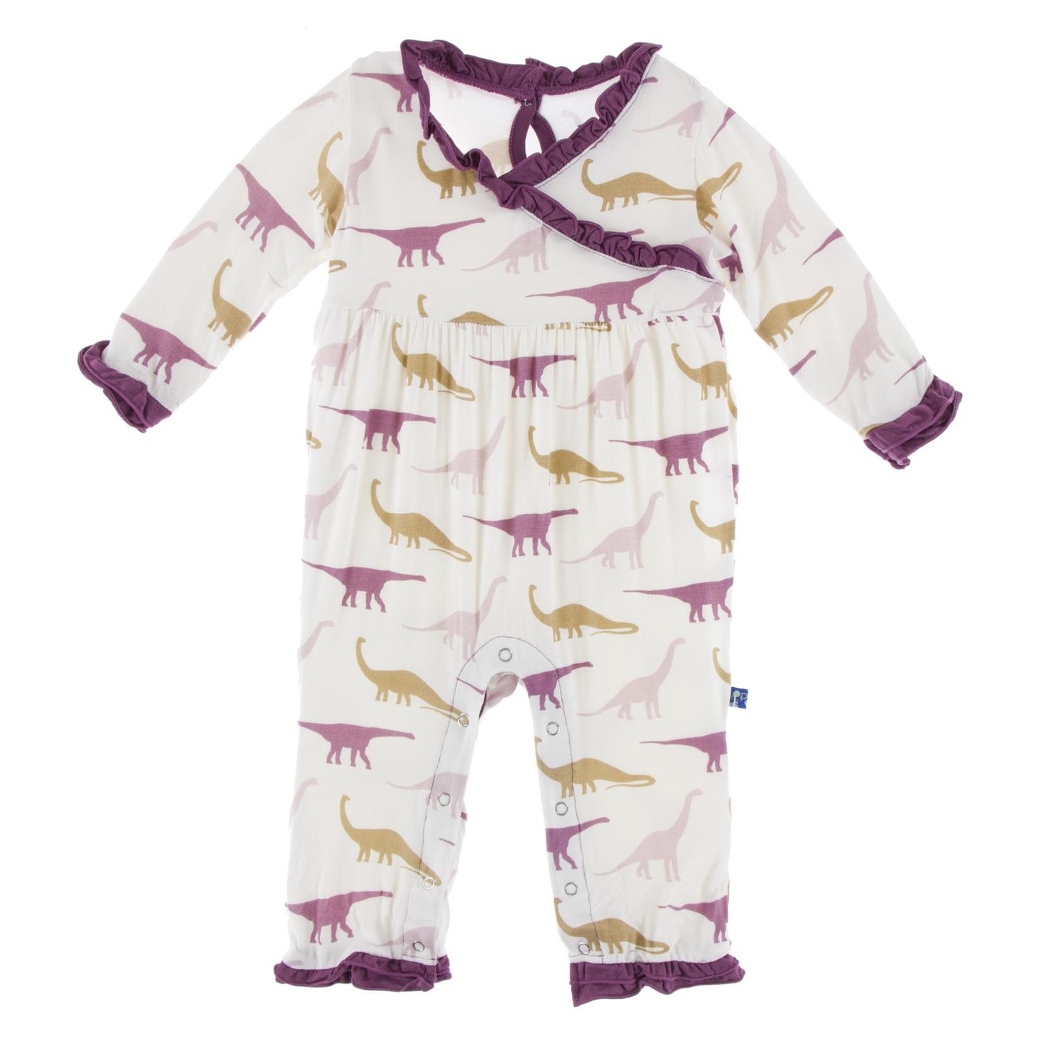 Print Long Sleeve Kimono Ruffle Romper in Natural Sauropods