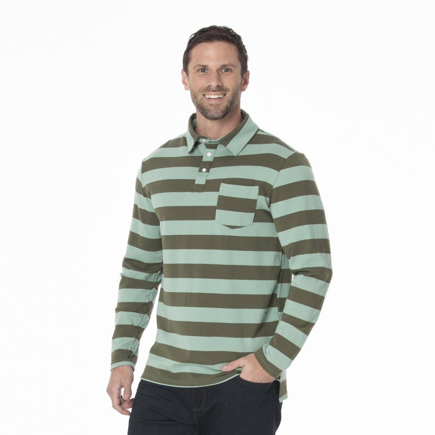 Men's Print Long Sleeve Luxe Jersey Polo with Pocket in Paleontology Fauna Stripe