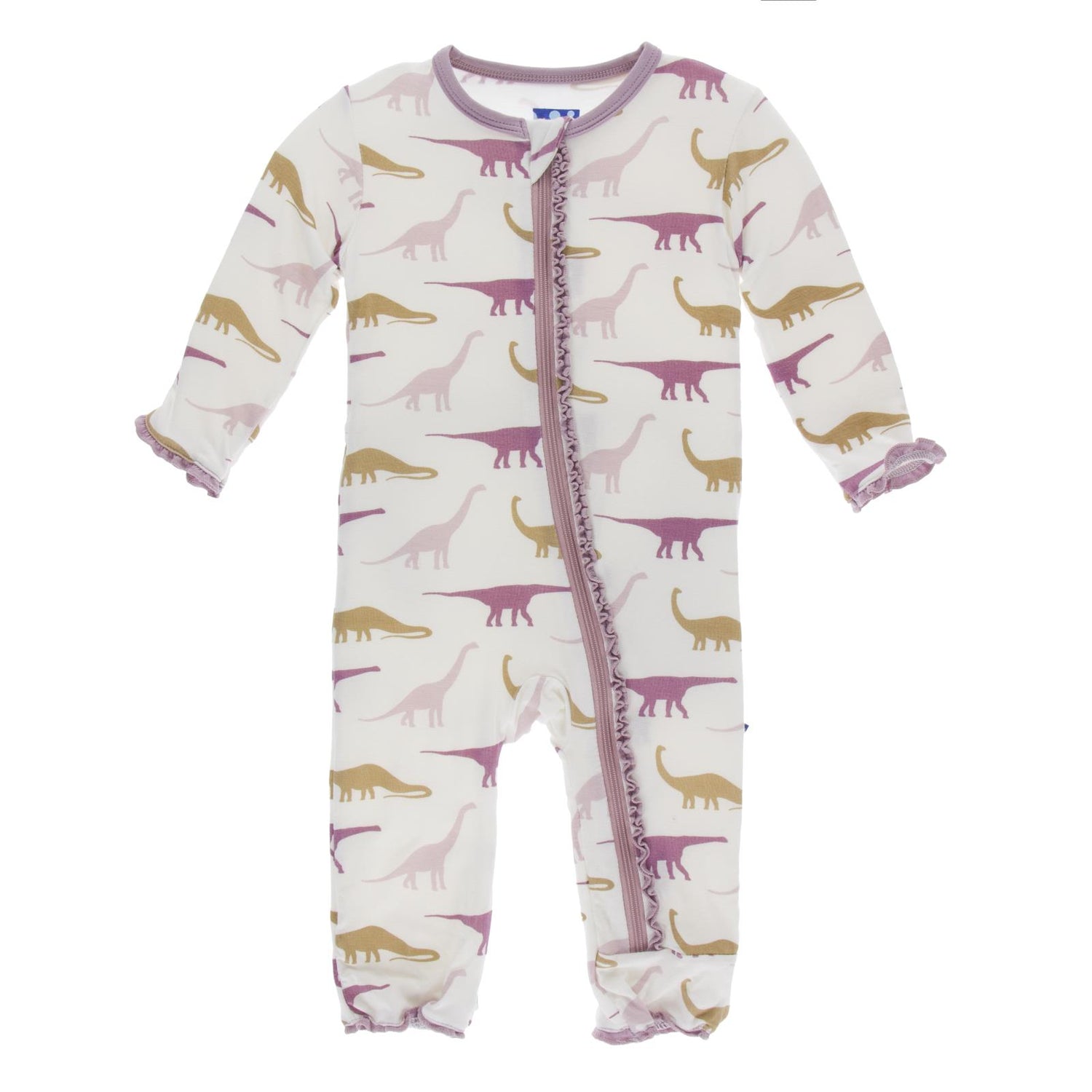 Print Muffin Ruffle Coverall with Zipper in Natural Sauropods