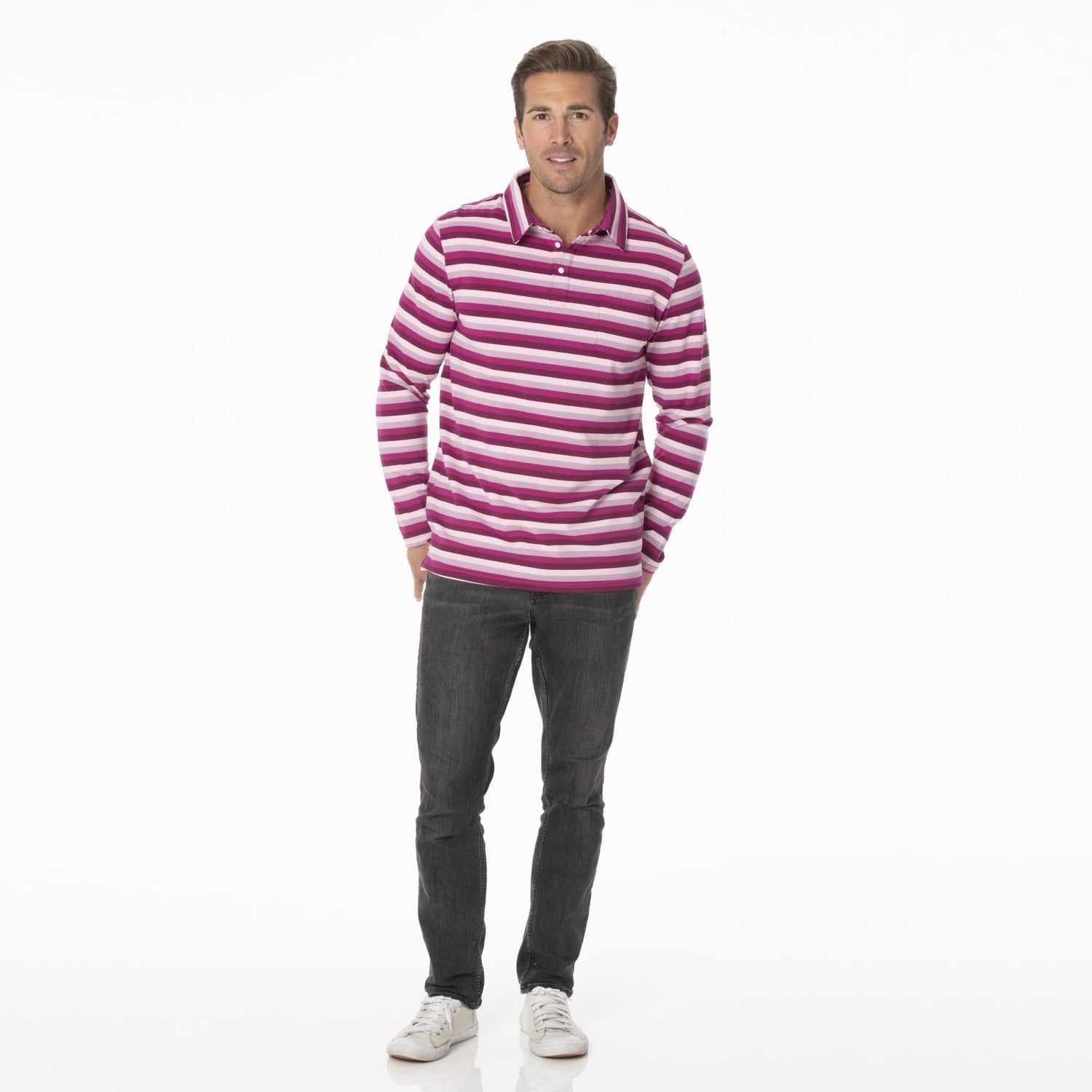 Men's Print Long Sleeve Luxe Jersey Polo with Pocket in Coral Stripe