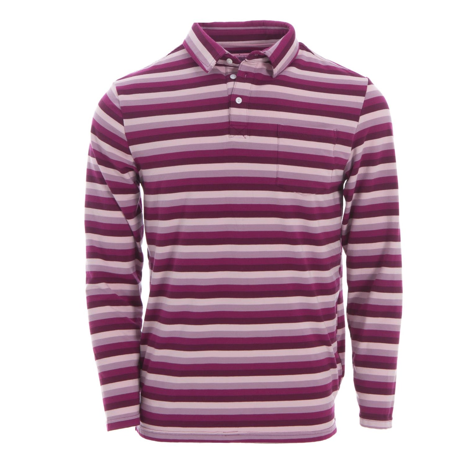 Men's Print Long Sleeve Luxe Jersey Polo with Pocket in Coral Stripe