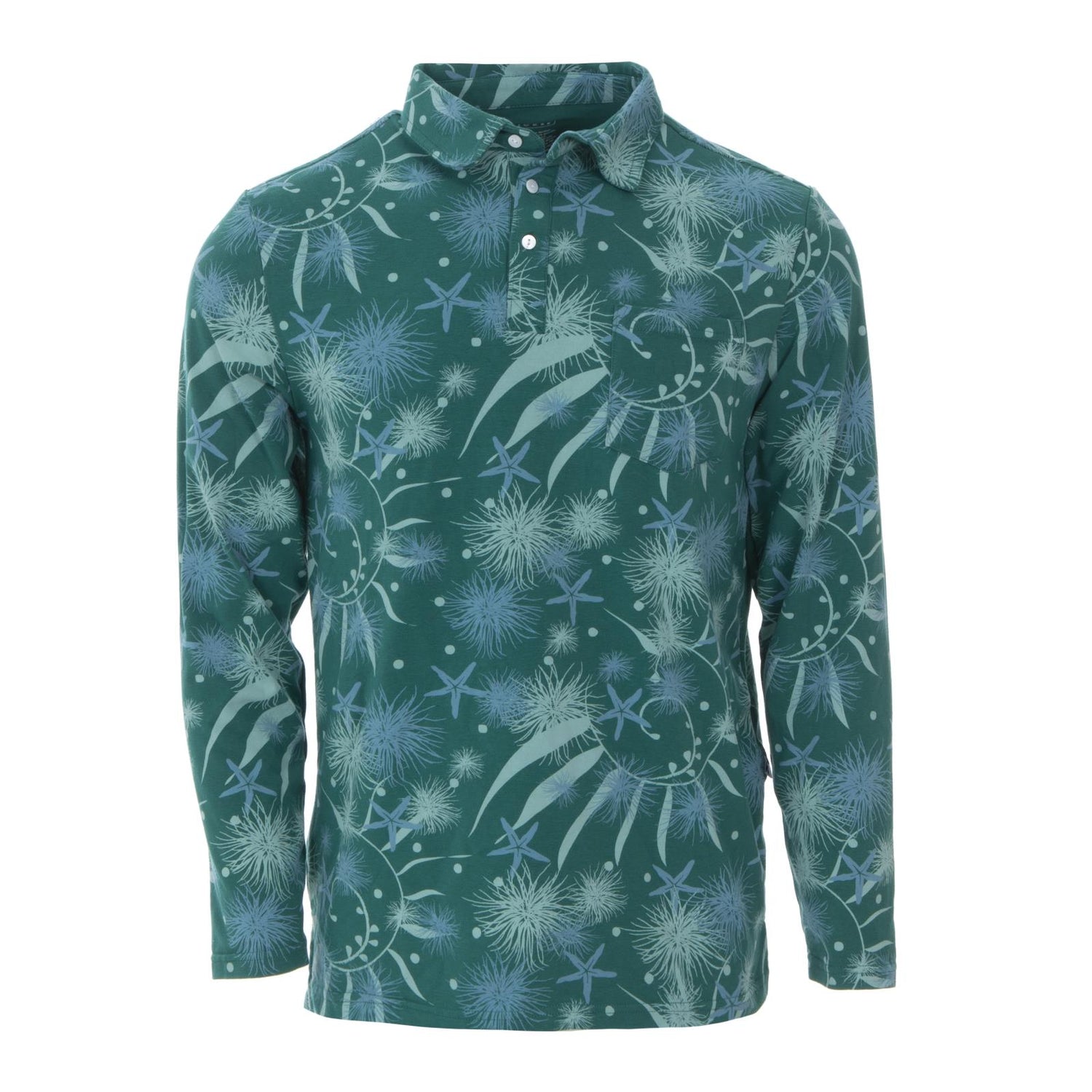 Men's Print Long Sleeve Luxe Jersey Polo with Pocket in Ivy Sea Garden