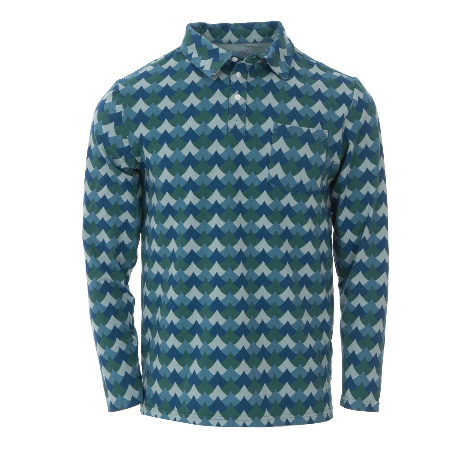 Men's Print Long Sleeve Luxe Jersey Polo with Pocket in Ivy Waves