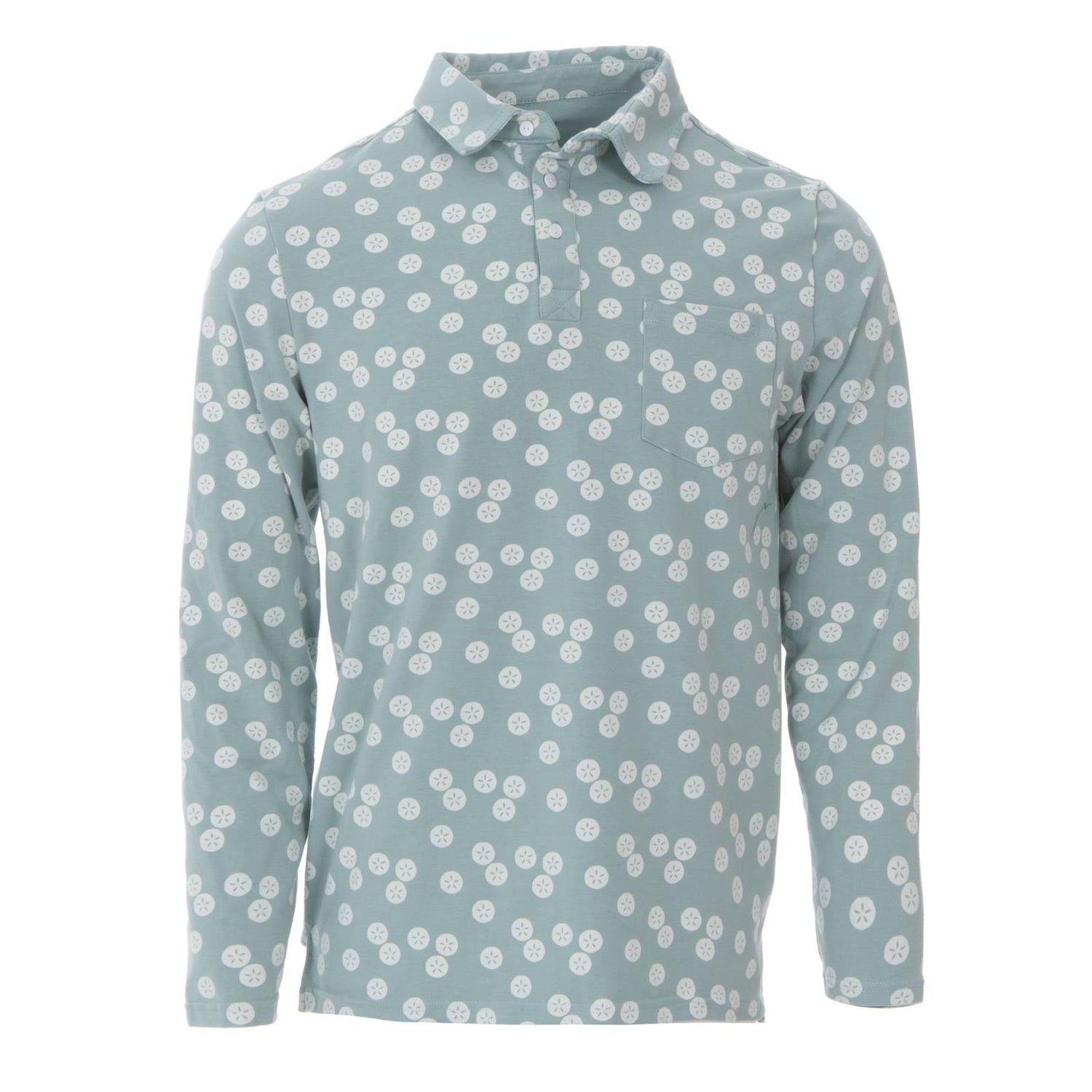 Men's Print Long Sleeve Luxe Jersey Polo with Pocket in Jade Sand Dollar