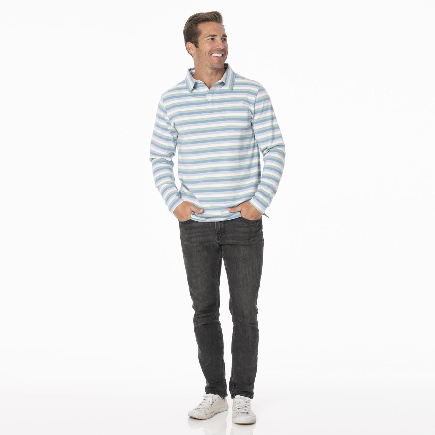 Men's Print Long Sleeve Luxe Jersey Polo with Pocket in Oceanography Stripe