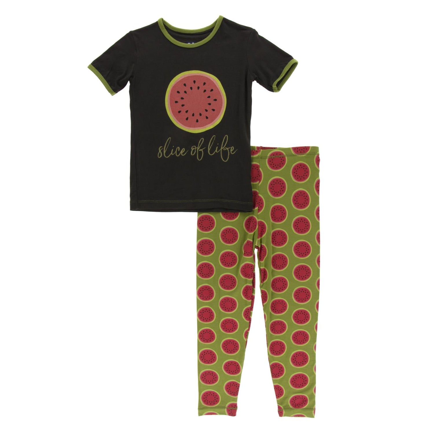 Piece Print Short Sleeve Pajama Set in Grasshopper Watermelon