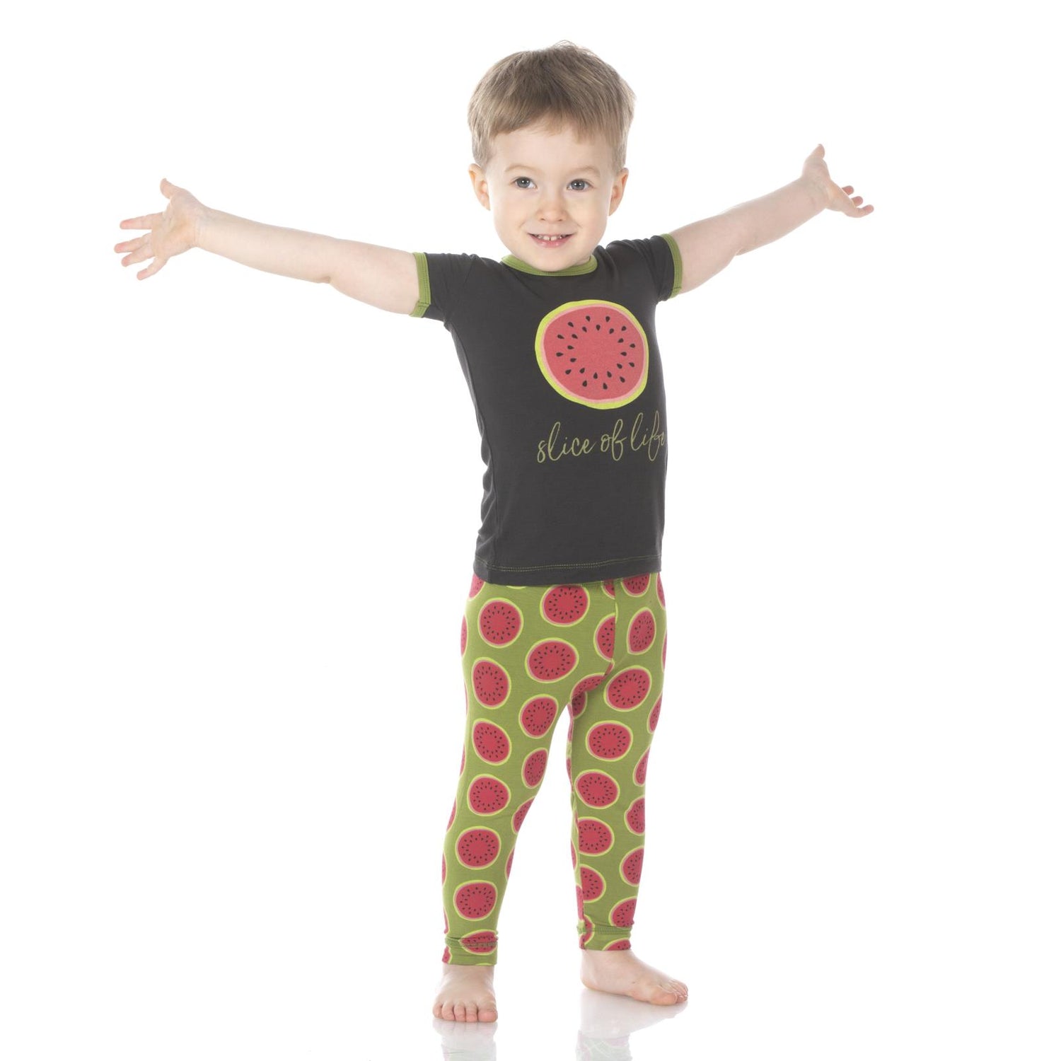 Piece Print Short Sleeve Pajama Set in Grasshopper Watermelon