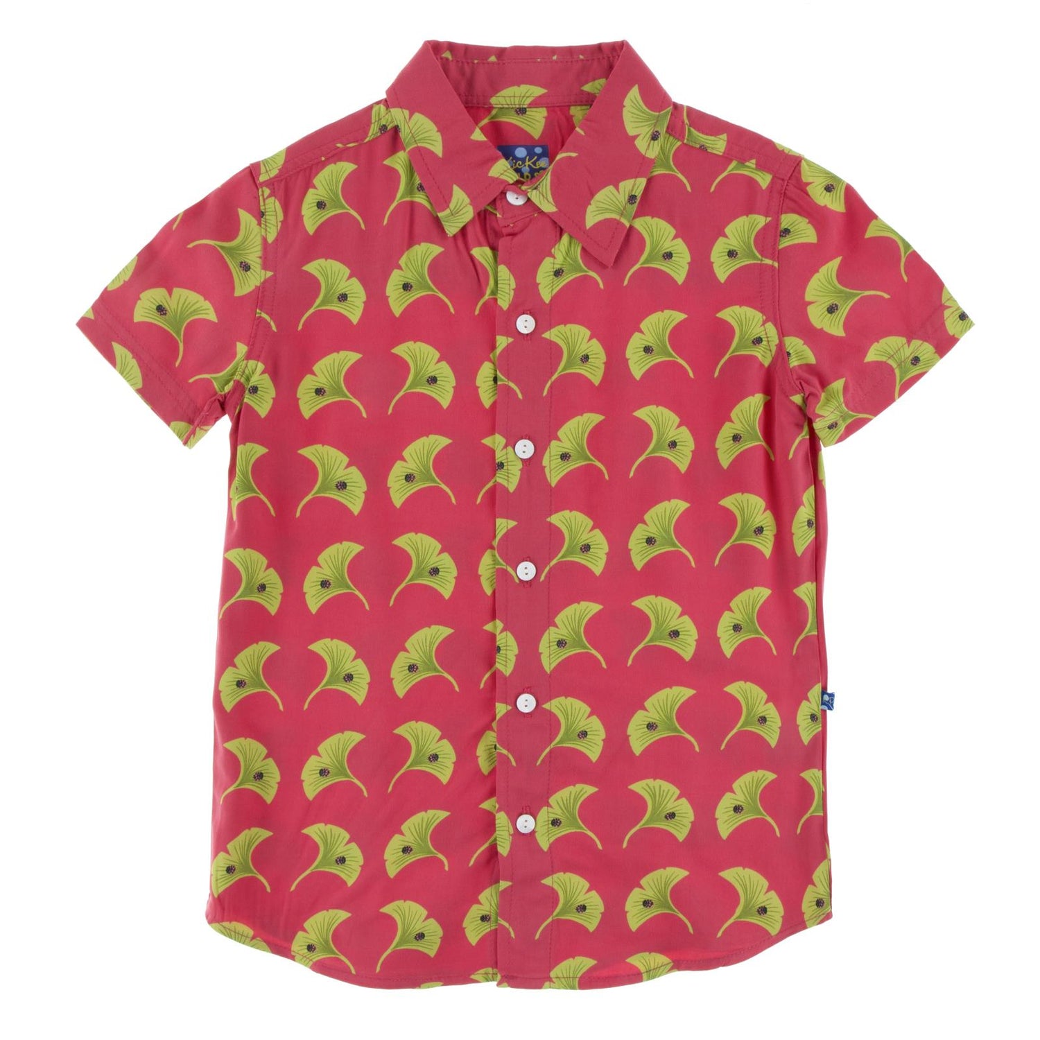 Print Short Sleeve Woven Button Down Shirt in Red Ginger Ginkgo