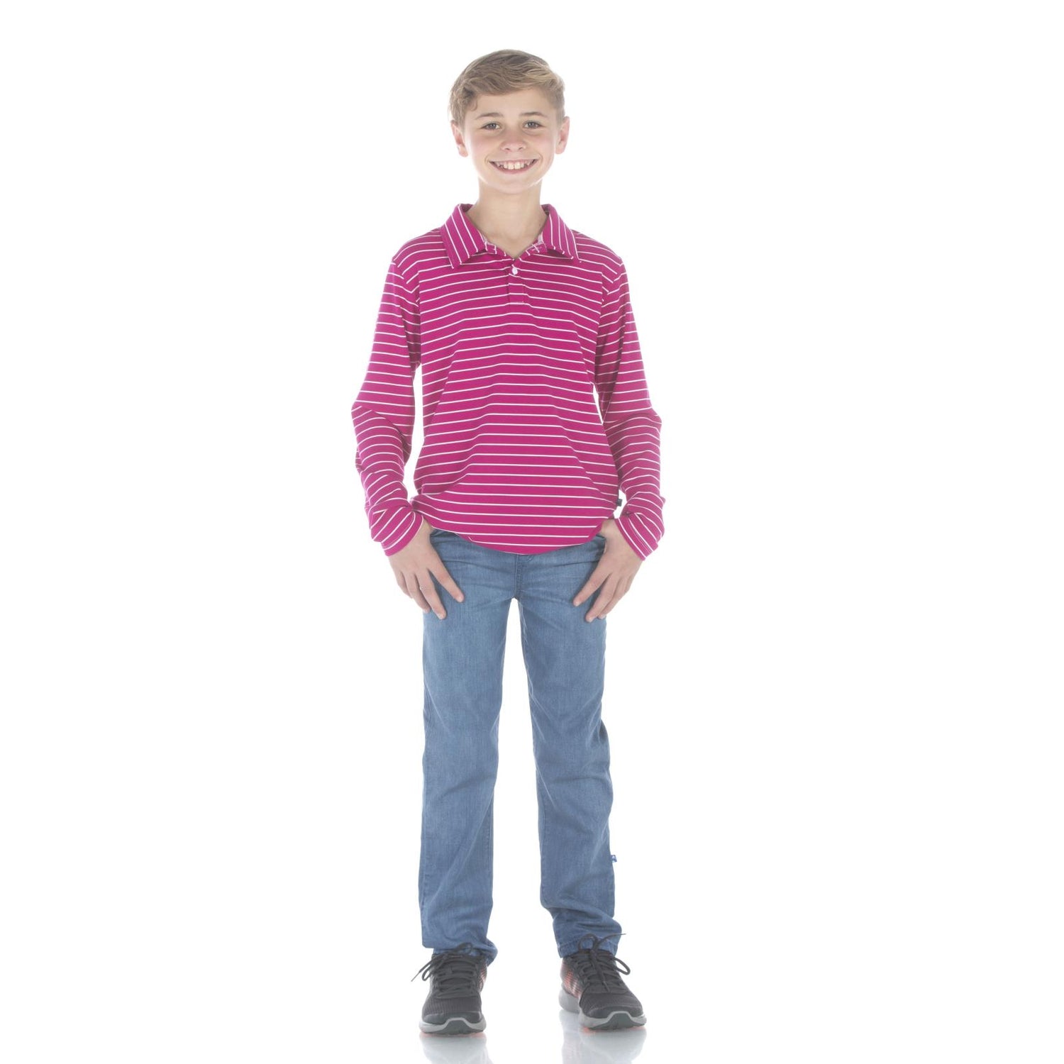 Print Long Sleeve Luxe Jersey Polo in Tokyo Dragonfruit Stripe