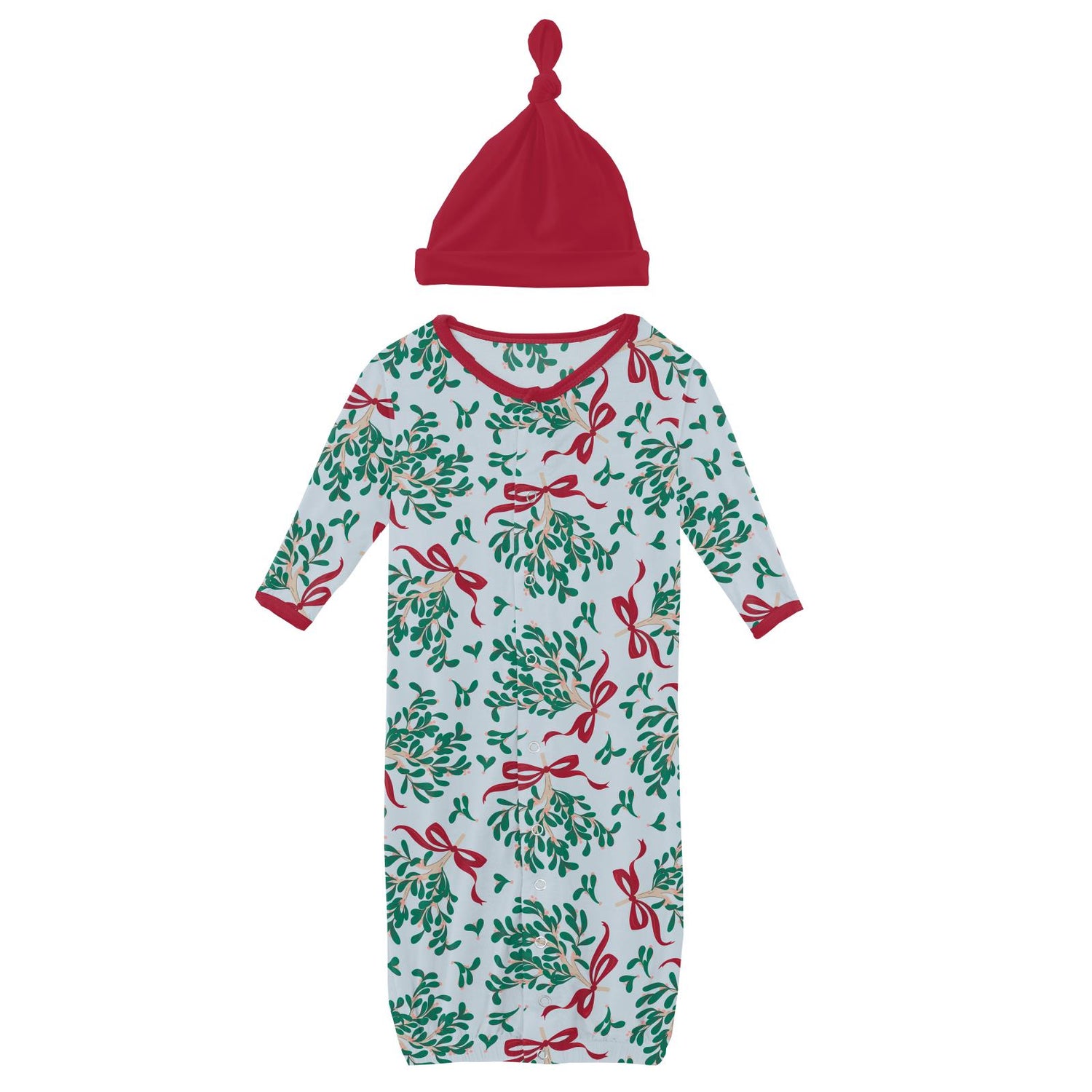 Print Layette Gown Converter & Single Knot Hat Set in Illusion Blue Mistletoe & Ribbons