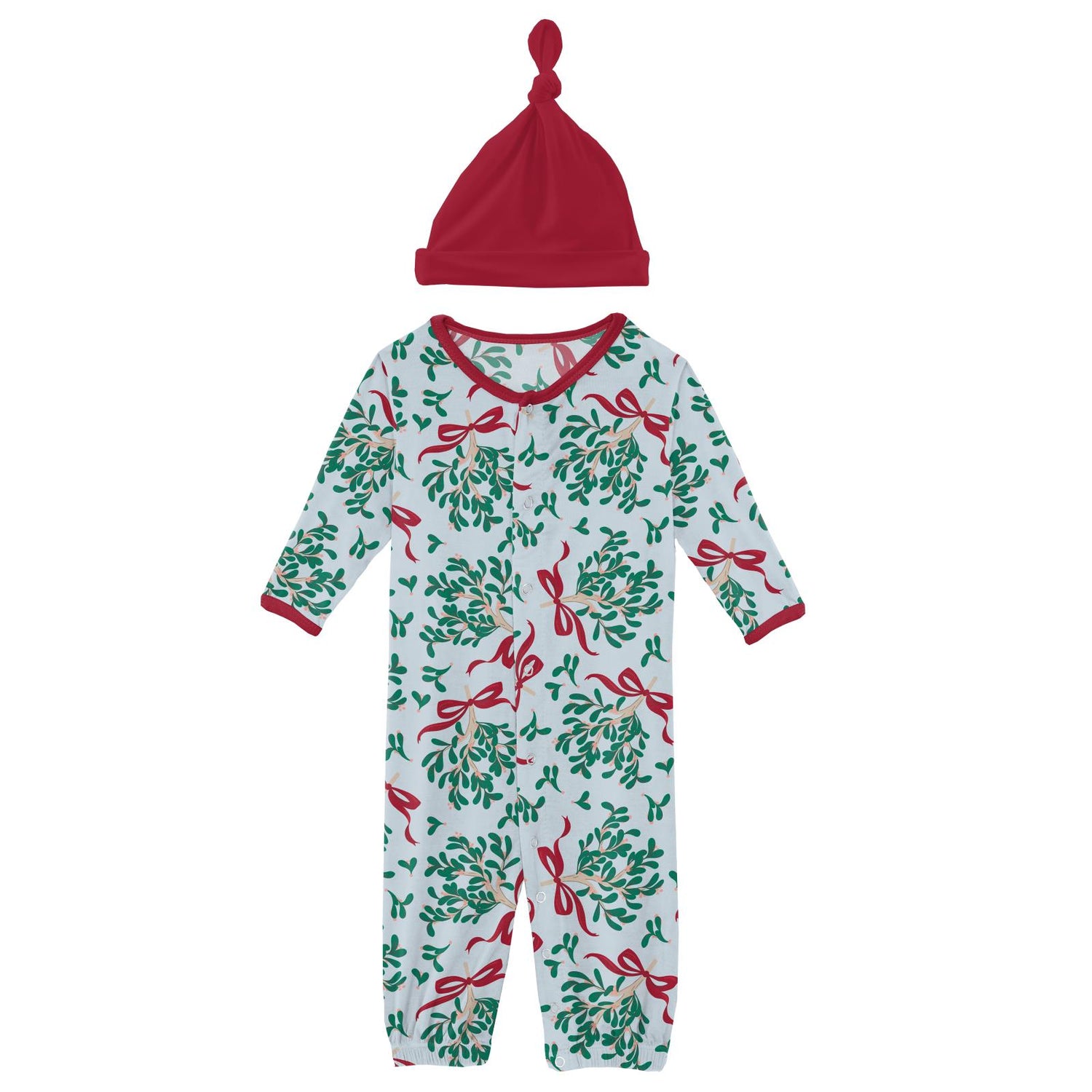 Print Layette Gown Converter & Single Knot Hat Set in Illusion Blue Mistletoe & Ribbons