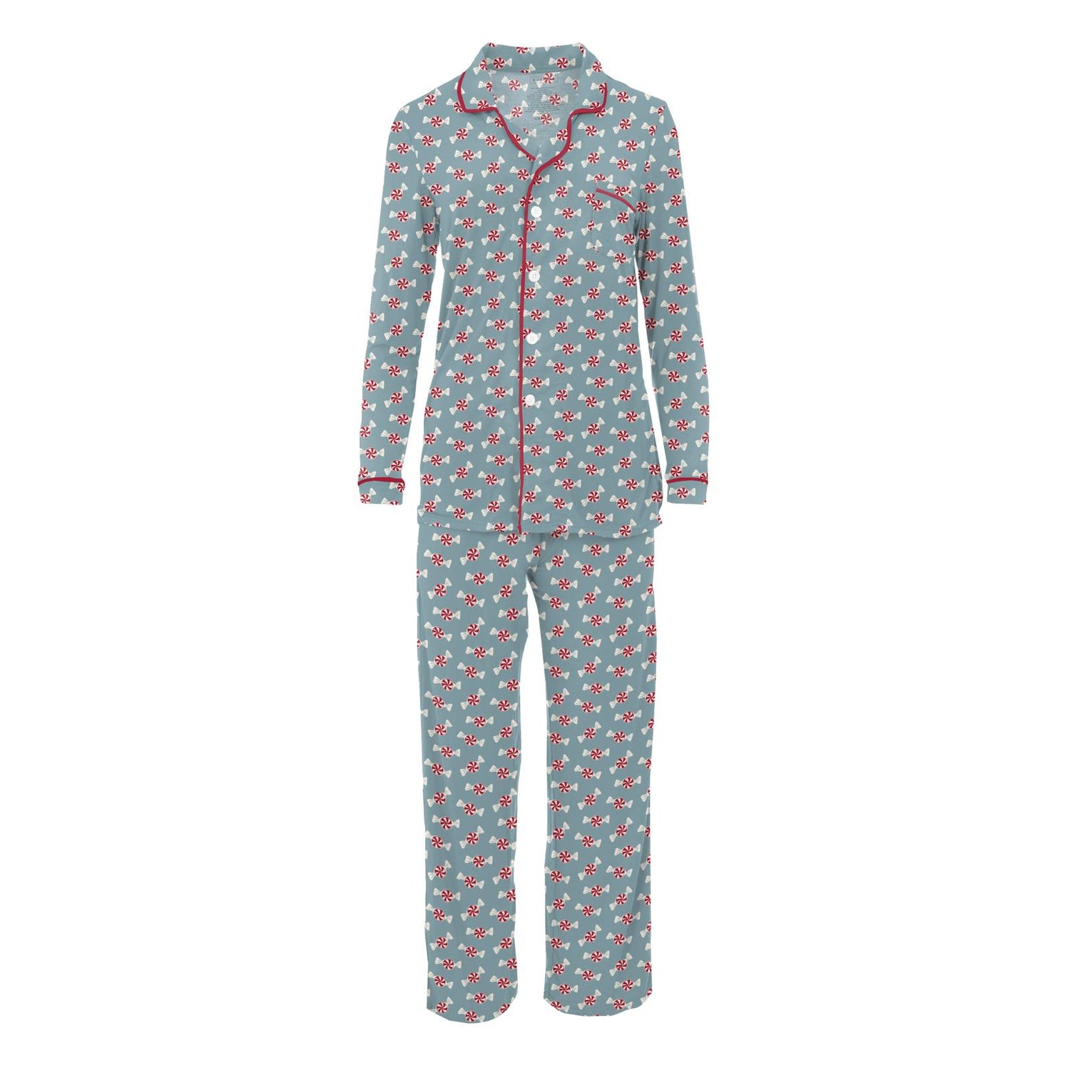 Women's Print Long Sleeve Collared Pajama Set in Stormy Sea Peppermints (301619)