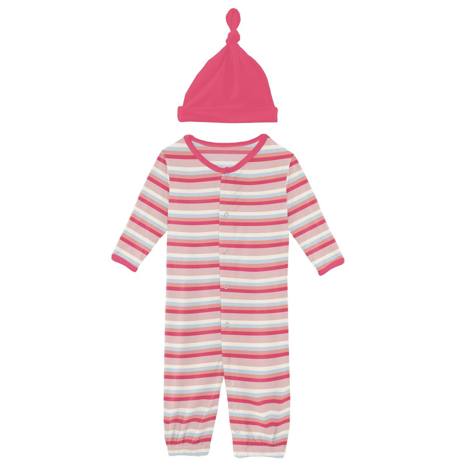 Print Layette Gown Converter & Single Knot Hat Set in Baby Rose Stripe