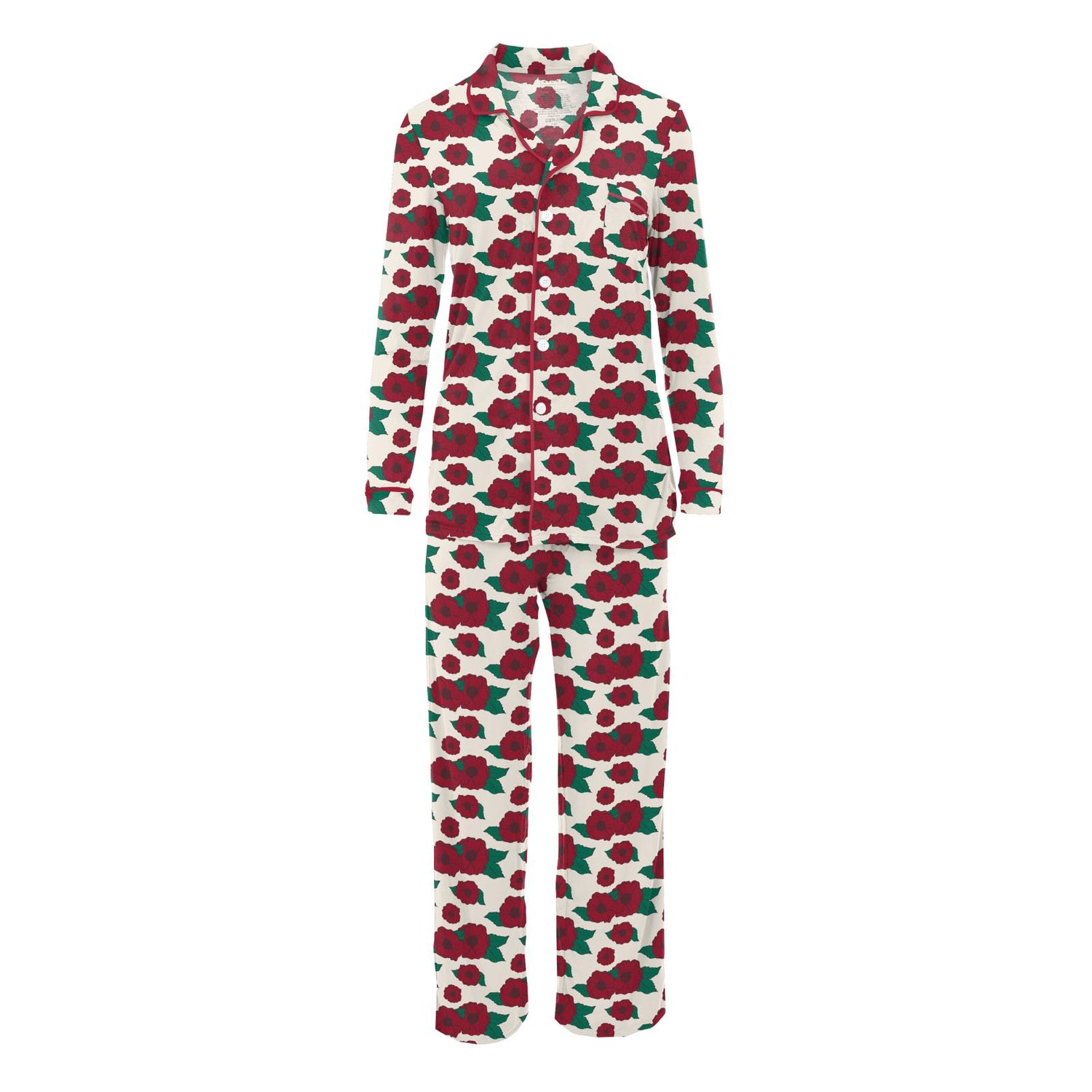 Women's Print Long Sleeve Collared Pajama Set in Holiday Poppies