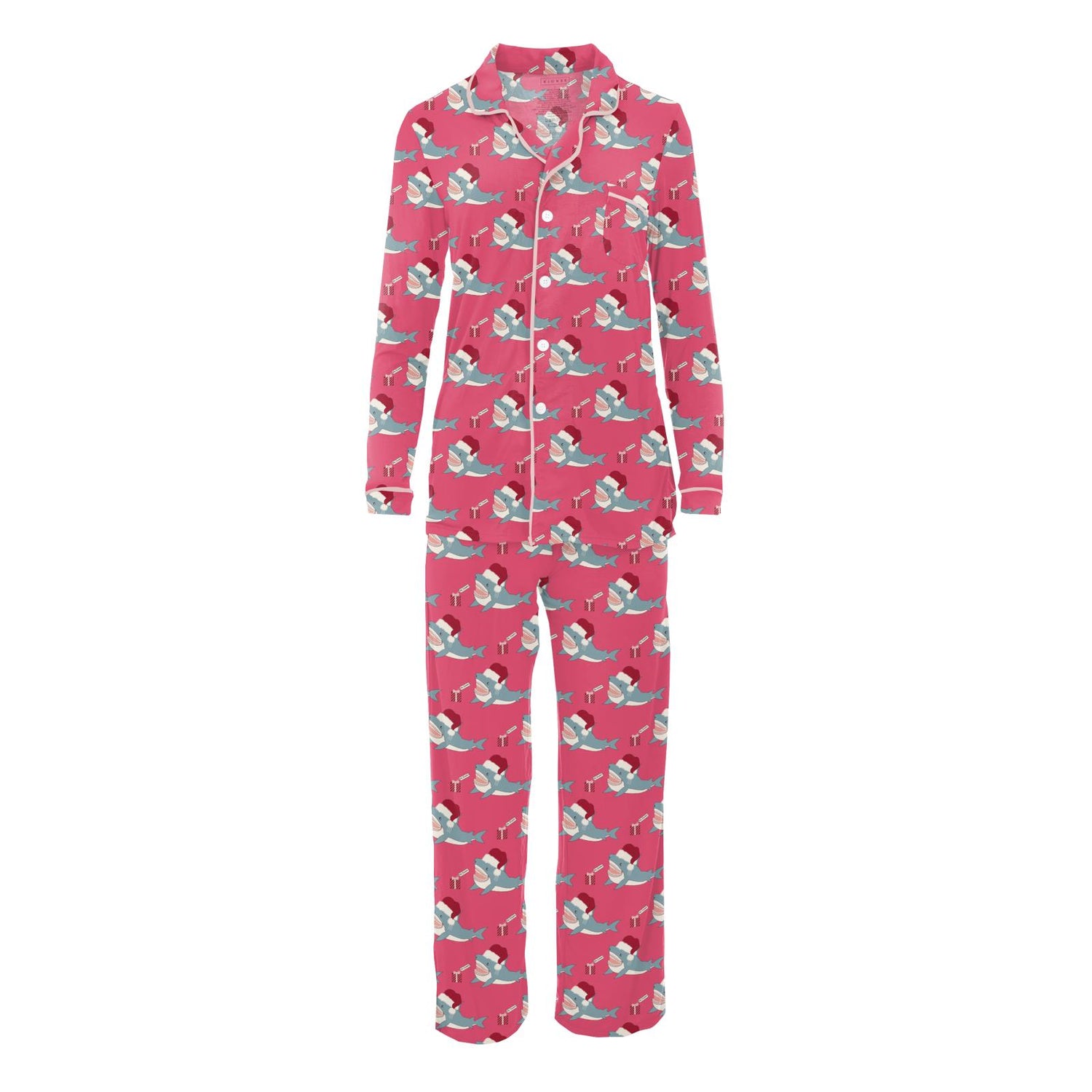 Women's Print Long Sleeve Collared Pajama Set in Winter Rose Holiday Sharks