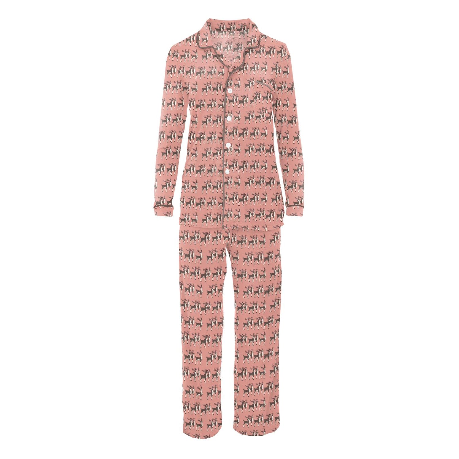 Women's Print Long Sleeve Collared Pajama Set in Blush Rudolph