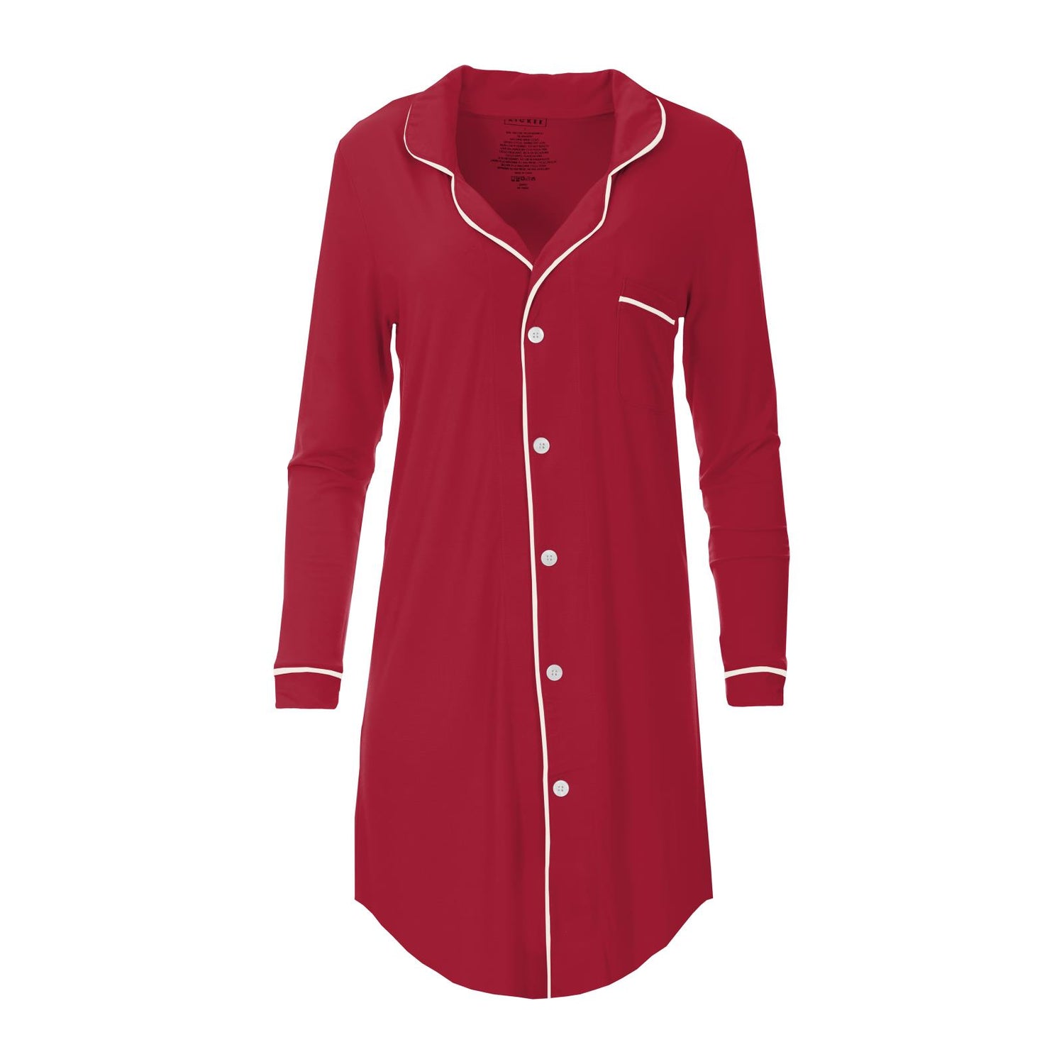 Women's Long Sleeve Button Down Nightshirt in Crimson with Natural