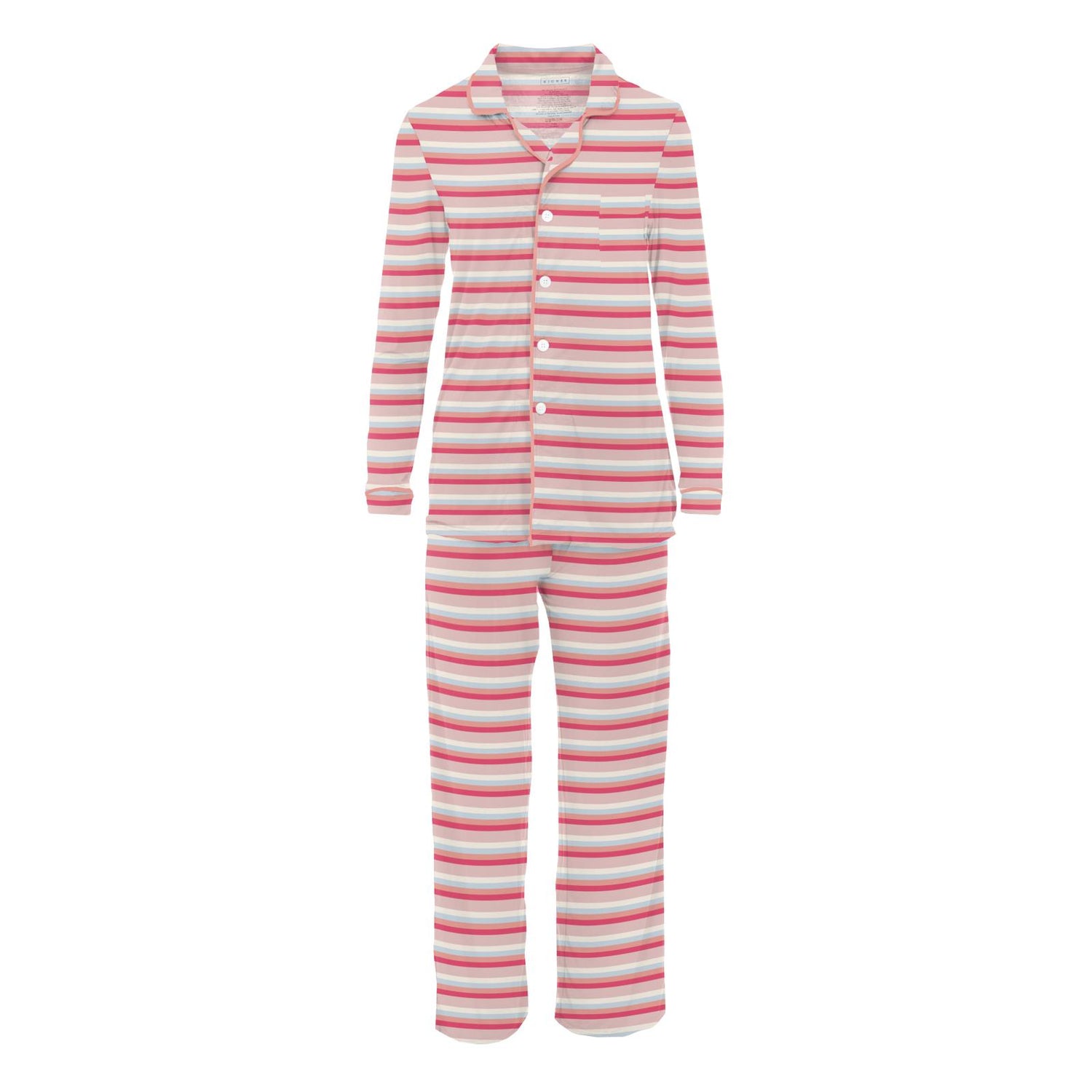 Women's Print Long Sleeve Collared Pajama Set in Baby Rose Stripe