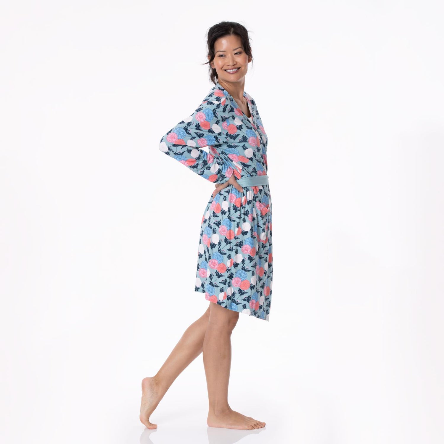 Women's Print Mid Length Lounge Robe in Stormy Sea Enchanted Floral