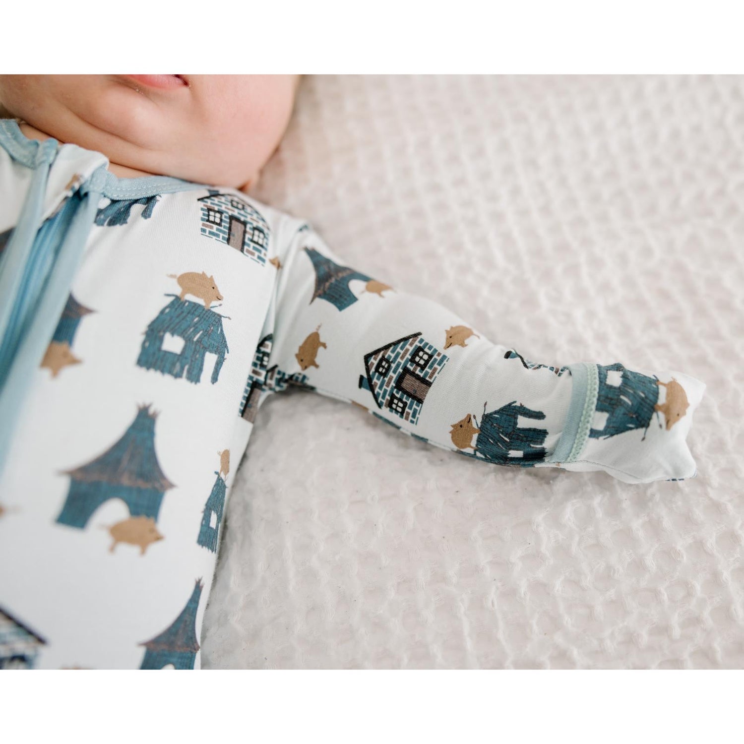 Print Footie with 2 Way Zipper in Illusion Blue Three Little Pigs