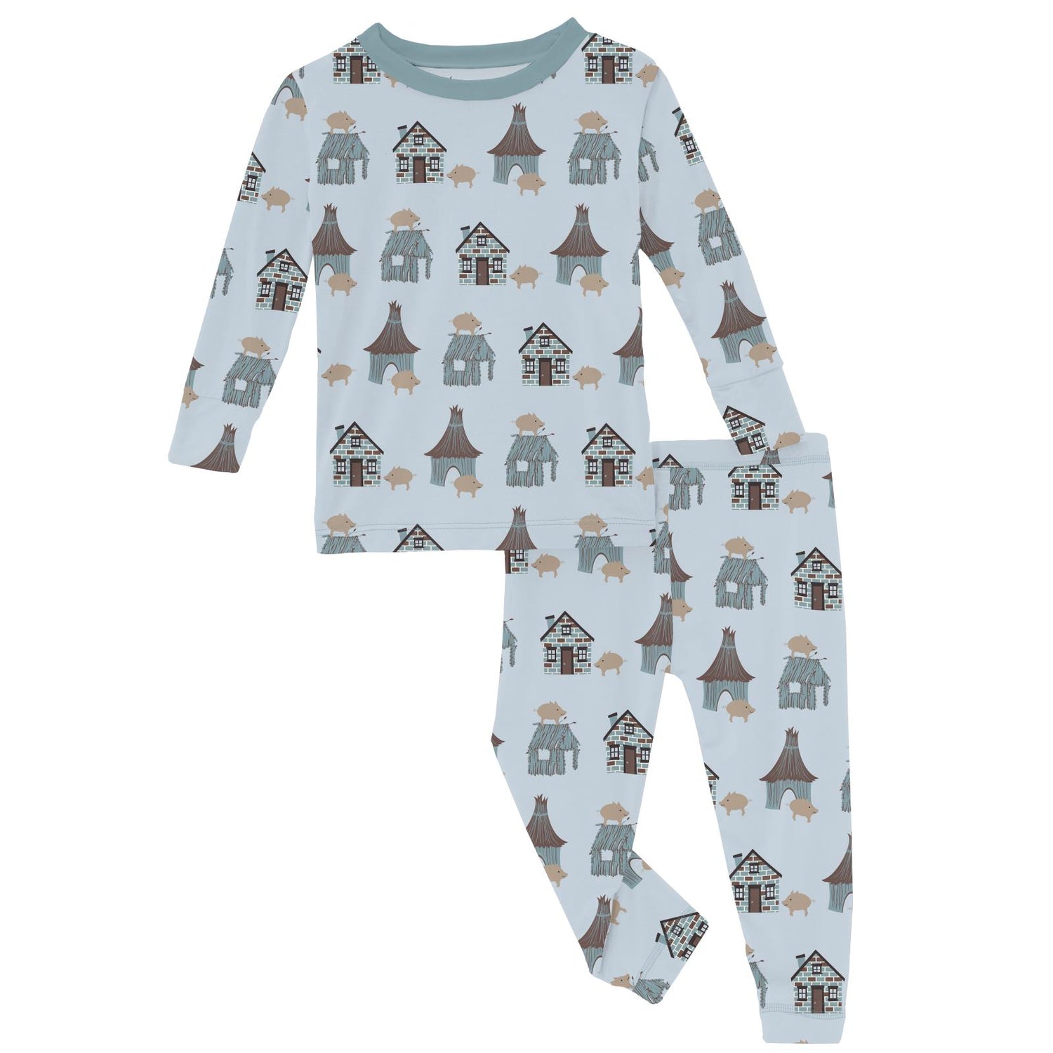 Print Long Sleeve Pajama Set in Illusion Blue Three Little Pigs