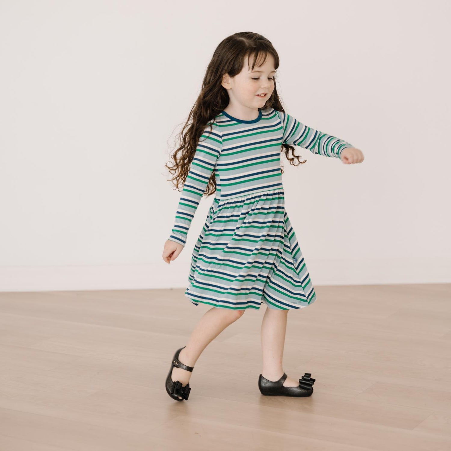 Print Long Sleeve Twirl Dress with Pockets in Stormy Sea Stripe