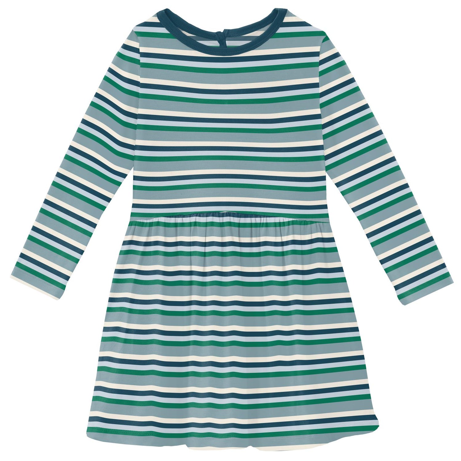 Print Long Sleeve Twirl Dress with Pockets in Stormy Sea Stripe