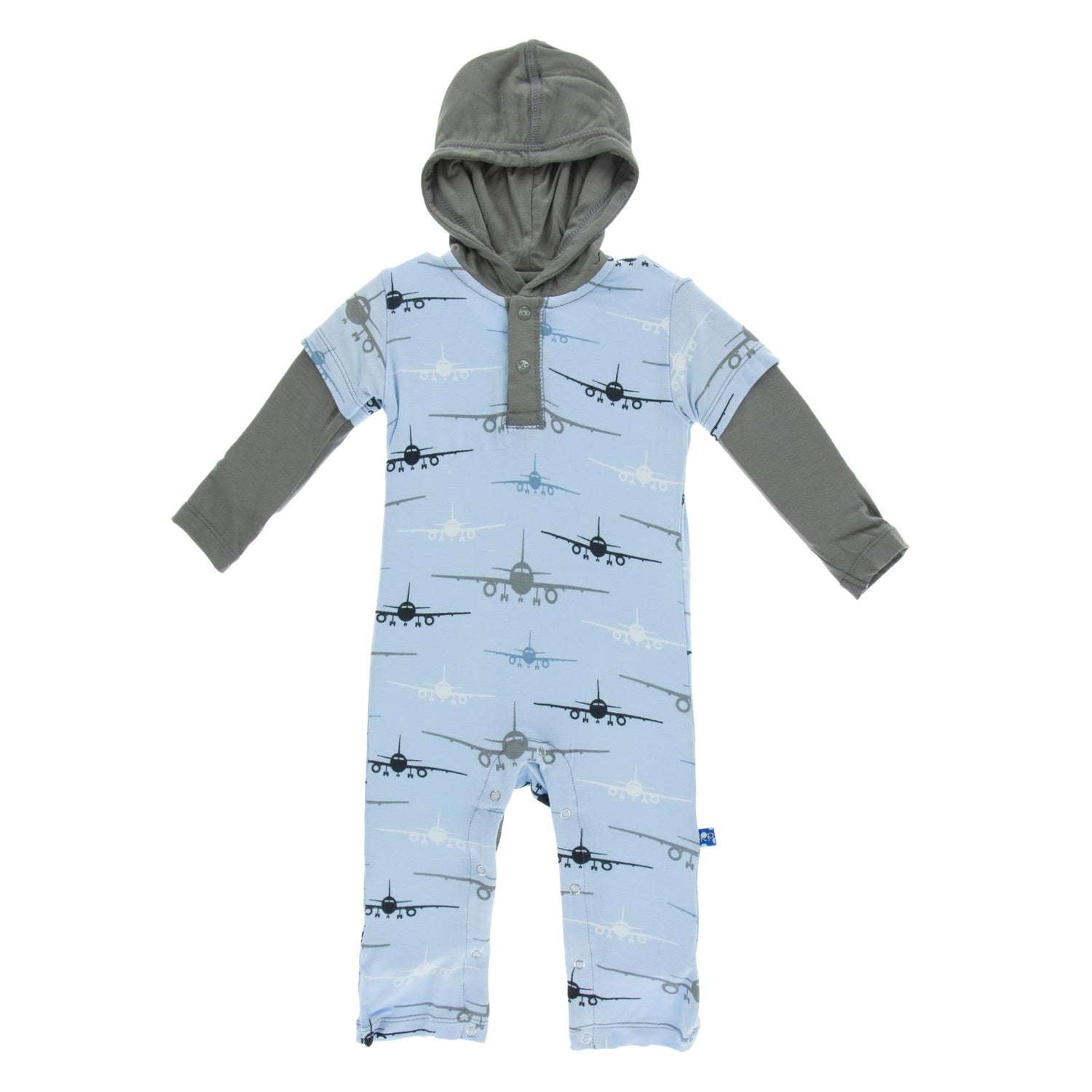 Long-Sleeve Hoodie Romper in Pond Airplanes