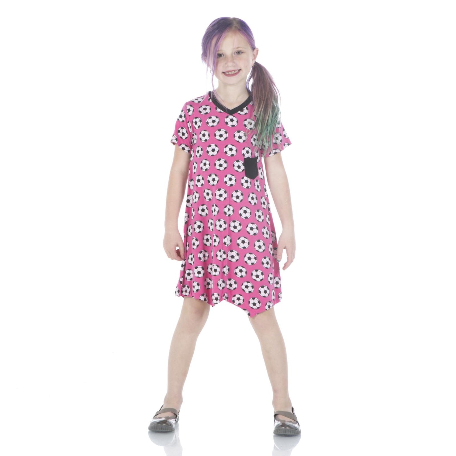 Print Short Sleeve Tee Shirt Dress with Pocket in Flamingo Soccer