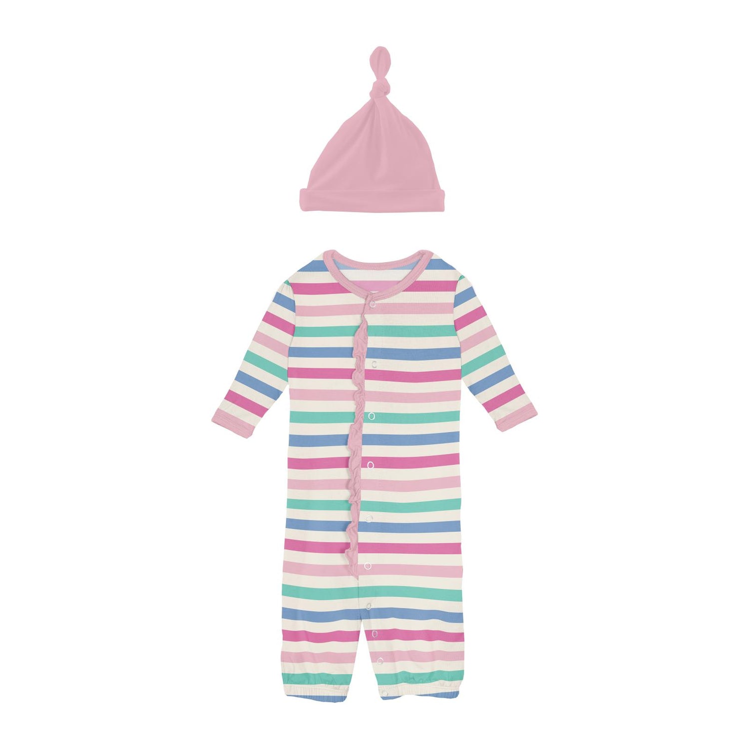 Print Ruffle Layette Gown Converter & Knot Hat Set in Skip To My Lou Stripe