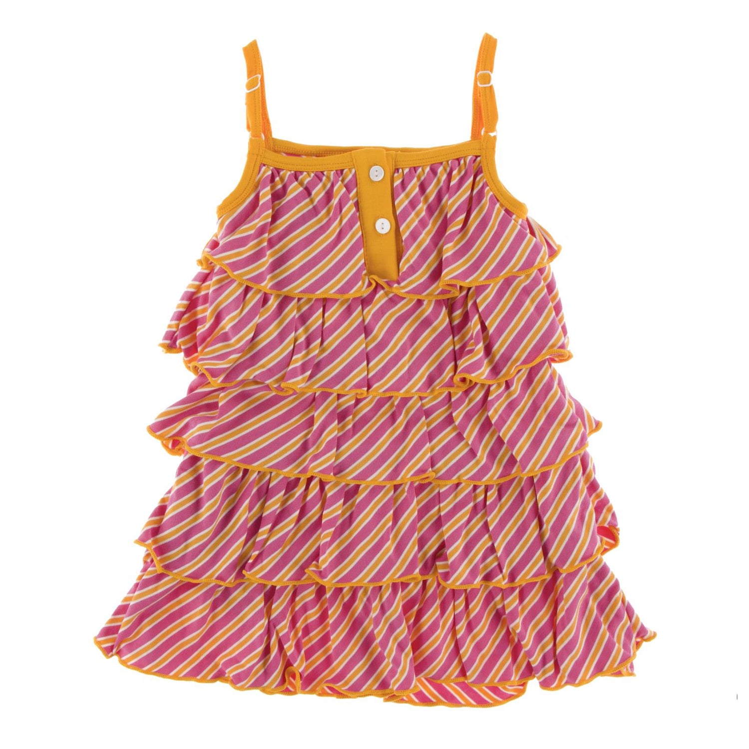 Print Tiered Ruffle Dress in Flamingo Brazil Stripe