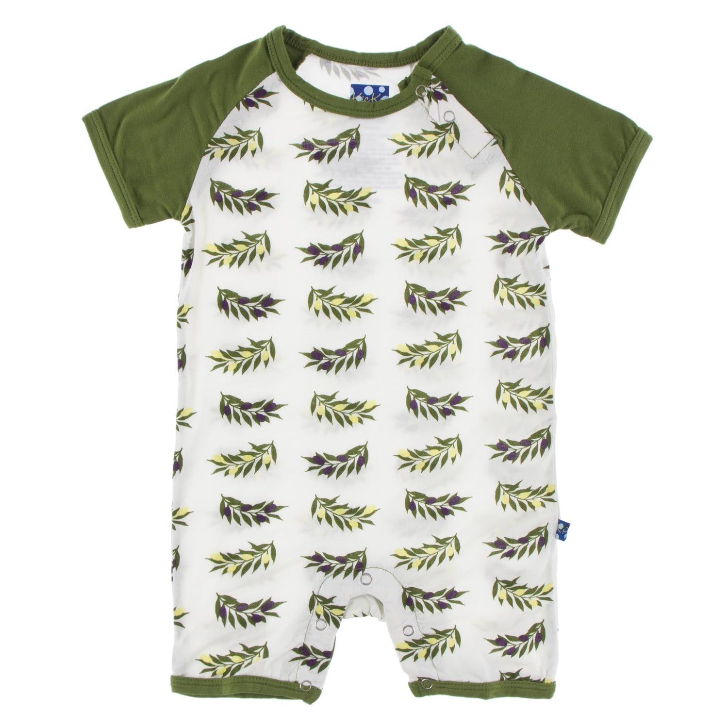 Print Short Sleeve Raglan Romper in Natural Olive Branch