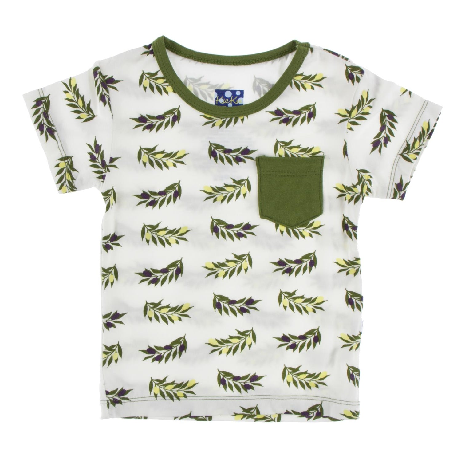 Print Short Sleeve Tee with Pocket in Natural Olive Branch