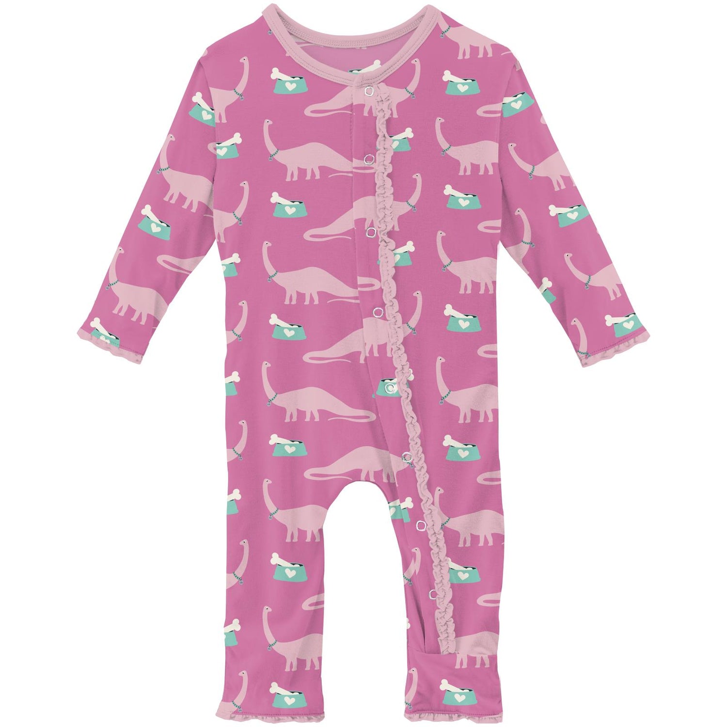 Print Muffin Ruffle Coverall with Snaps in Tulip Pet Dino