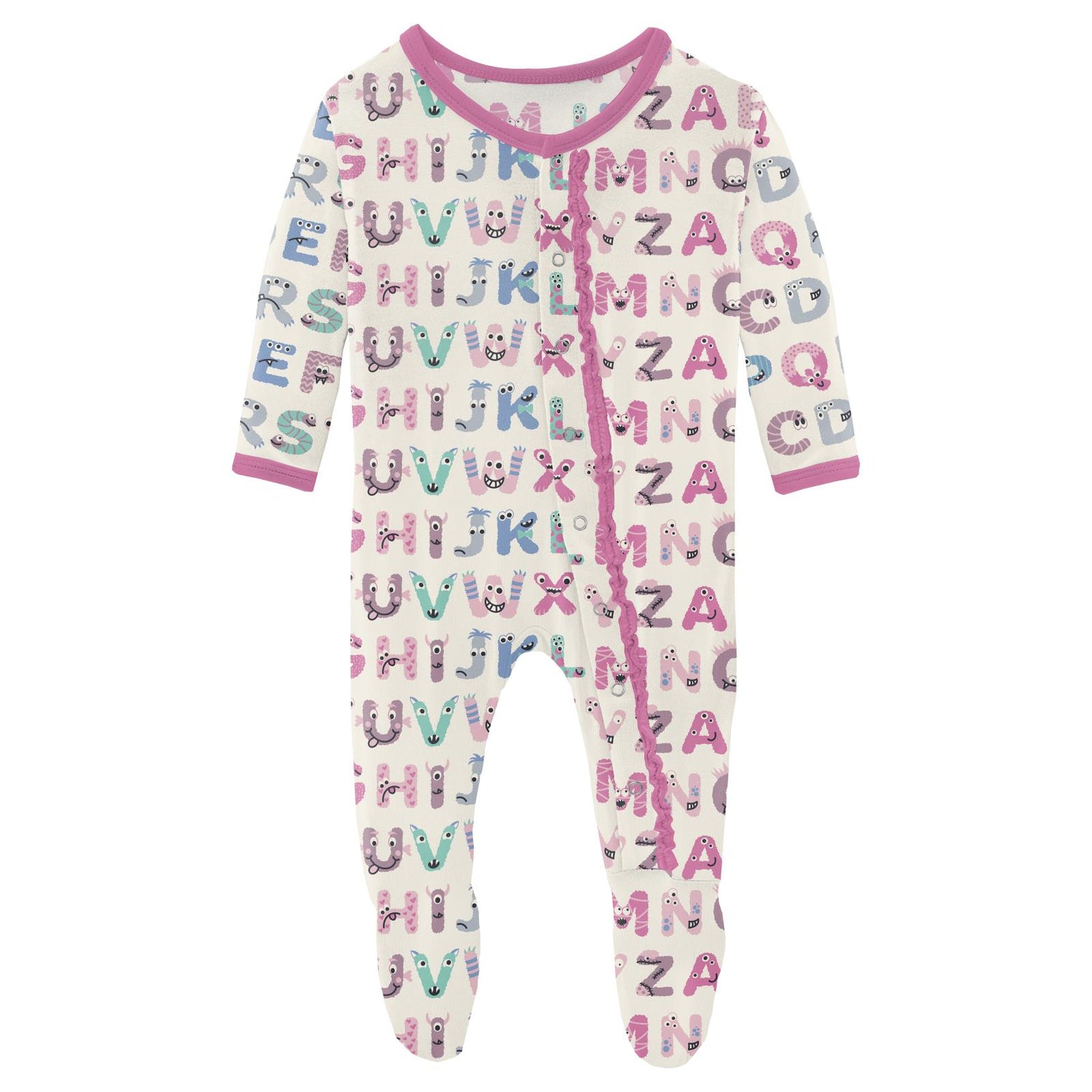 Print Muffin Ruffle Footie with Snaps in Natural ABC Monsters