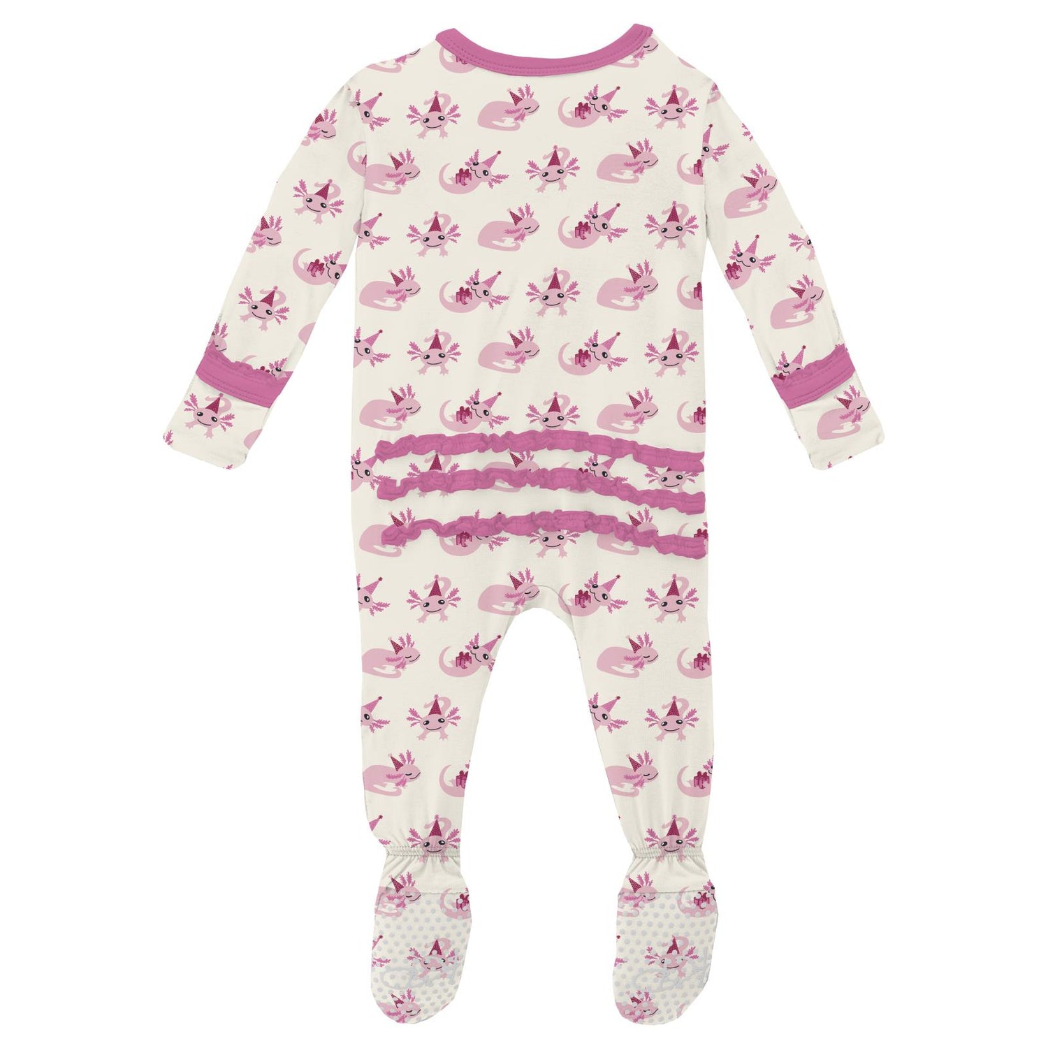 Print Muffin Ruffle Footie with 2 Way Zipper in Natural Axolotl Party